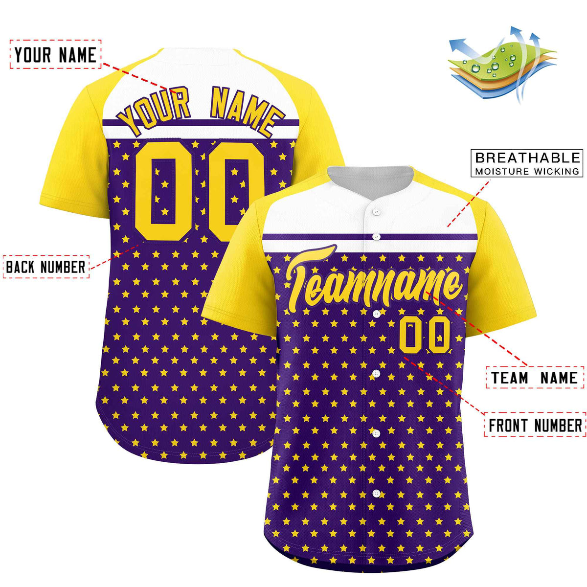 Custom Purple Gold-White Raglan Sleeve Personalized Star Print Authentic Baseball Jersey