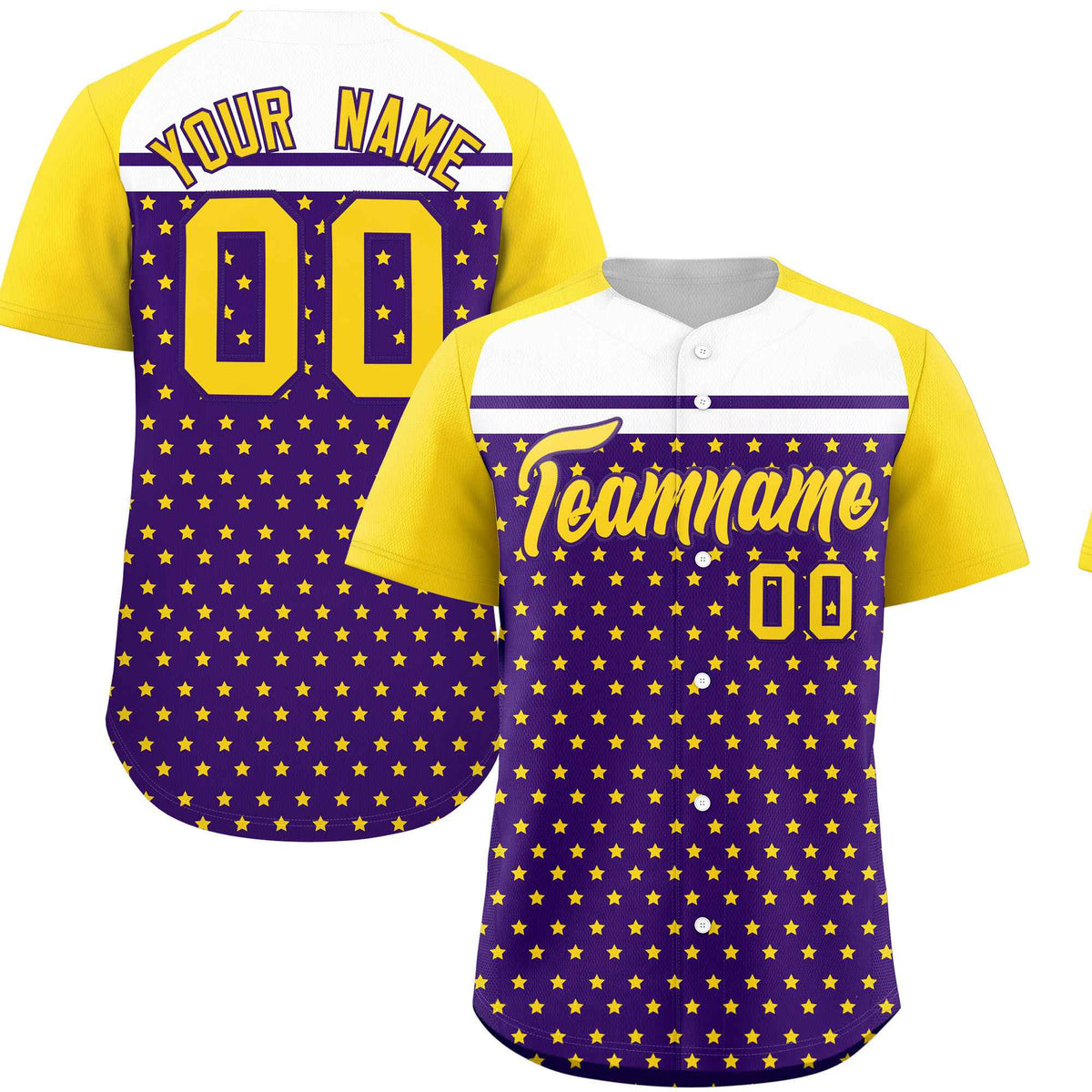 Custom Purple Gold-White Raglan Sleeve Personalized Star Print Authentic Baseball Jersey