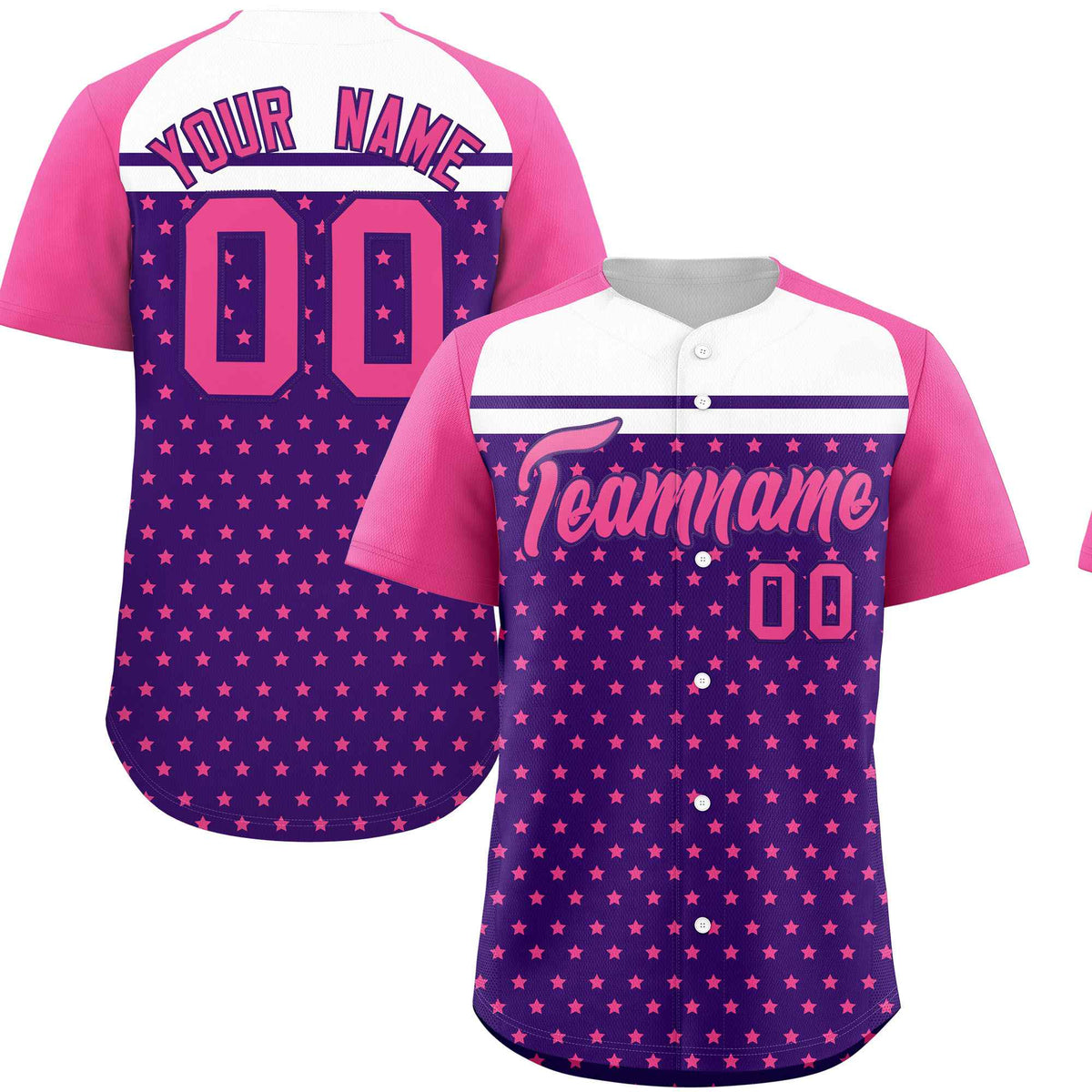 Custom Purple Pink-White Raglan Sleeve Personalized Star Print Authentic Baseball Jersey