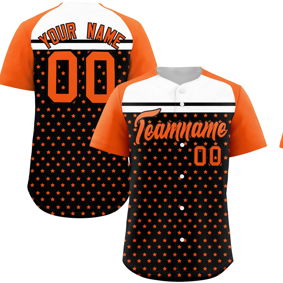Custom Black Orange-White Raglan Sleeve Personalized Star Print Authentic Baseball Jersey