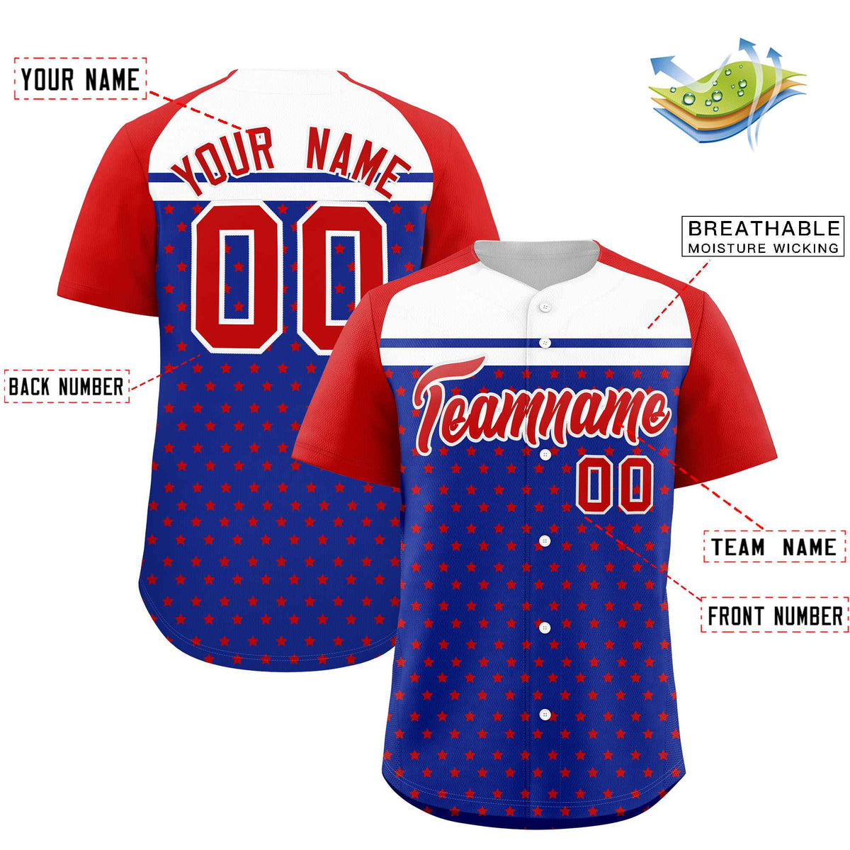 Custom Royal Red-White Raglan Sleeve Personalized Star Print Authentic Baseball Jersey