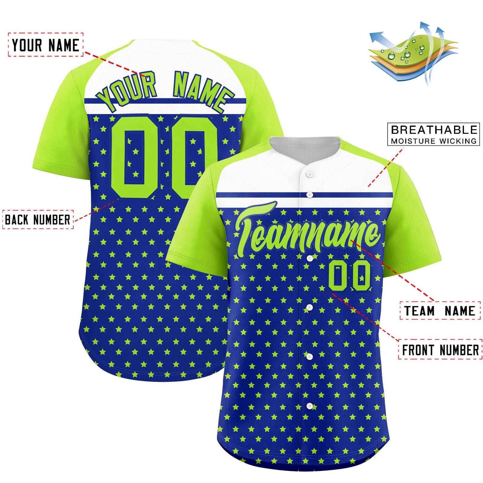 Custom Royal Neon Green-White Raglan Sleeve Personalized Star Print Authentic Baseball Jersey