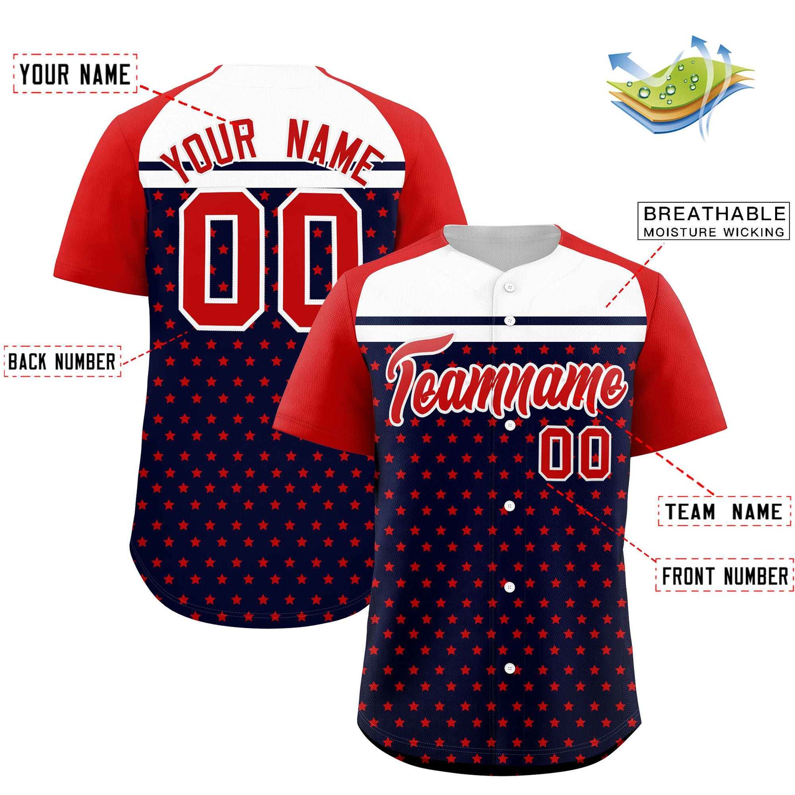 Custom Navy Red-White Raglan Sleeve Personalized Star Print Authentic Baseball Jersey