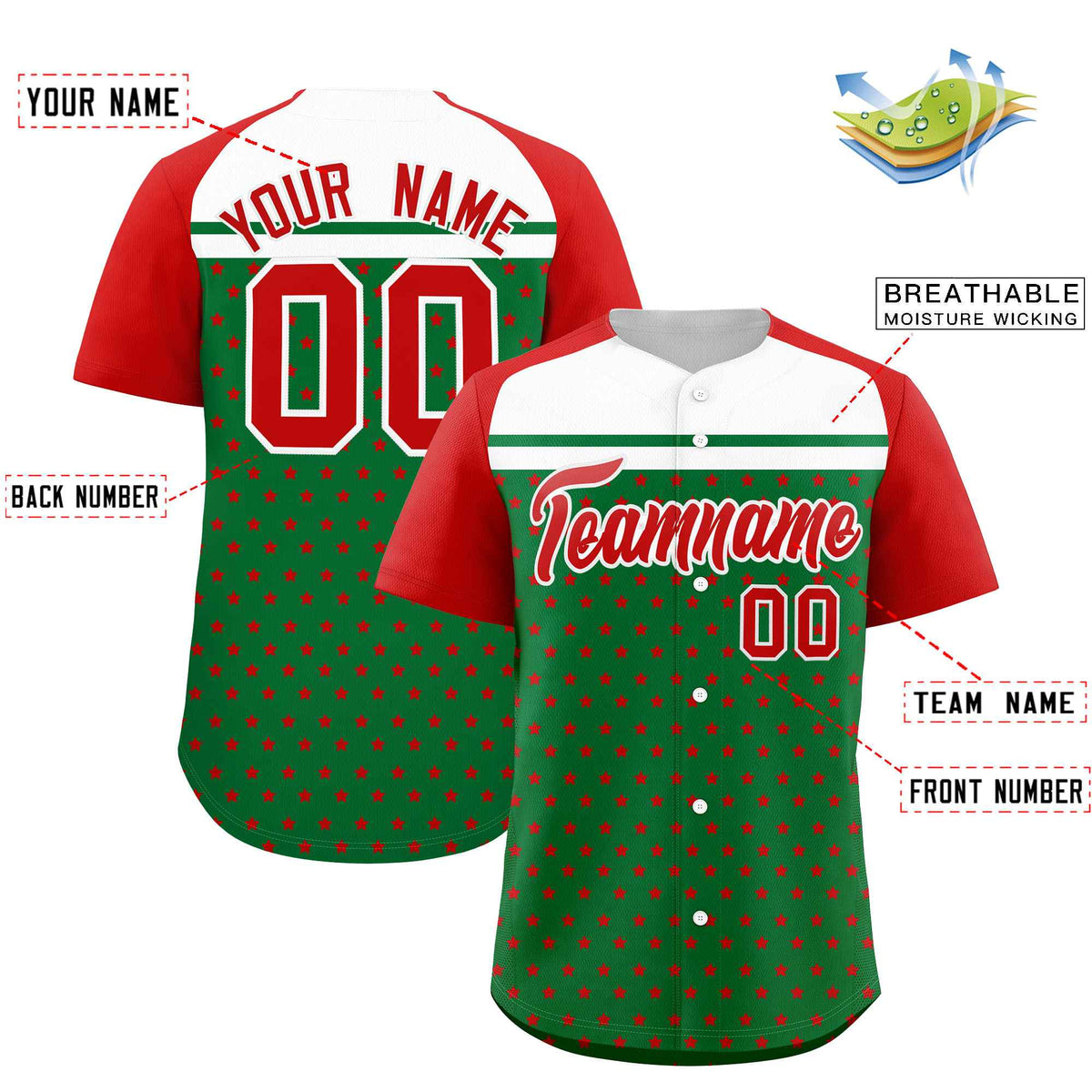 Custom Kelly Green Red-White Raglan Sleeve Personalized Star Print Authentic Baseball Jersey