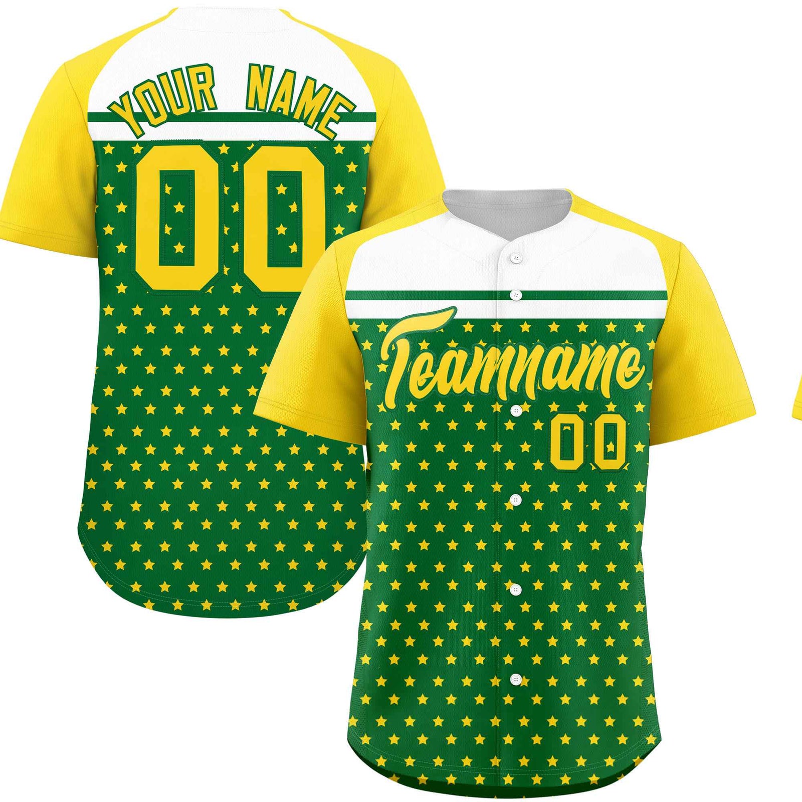 Custom Kelly Green Gold-White Raglan Sleeve Personalized Star Print Authentic Baseball Jersey
