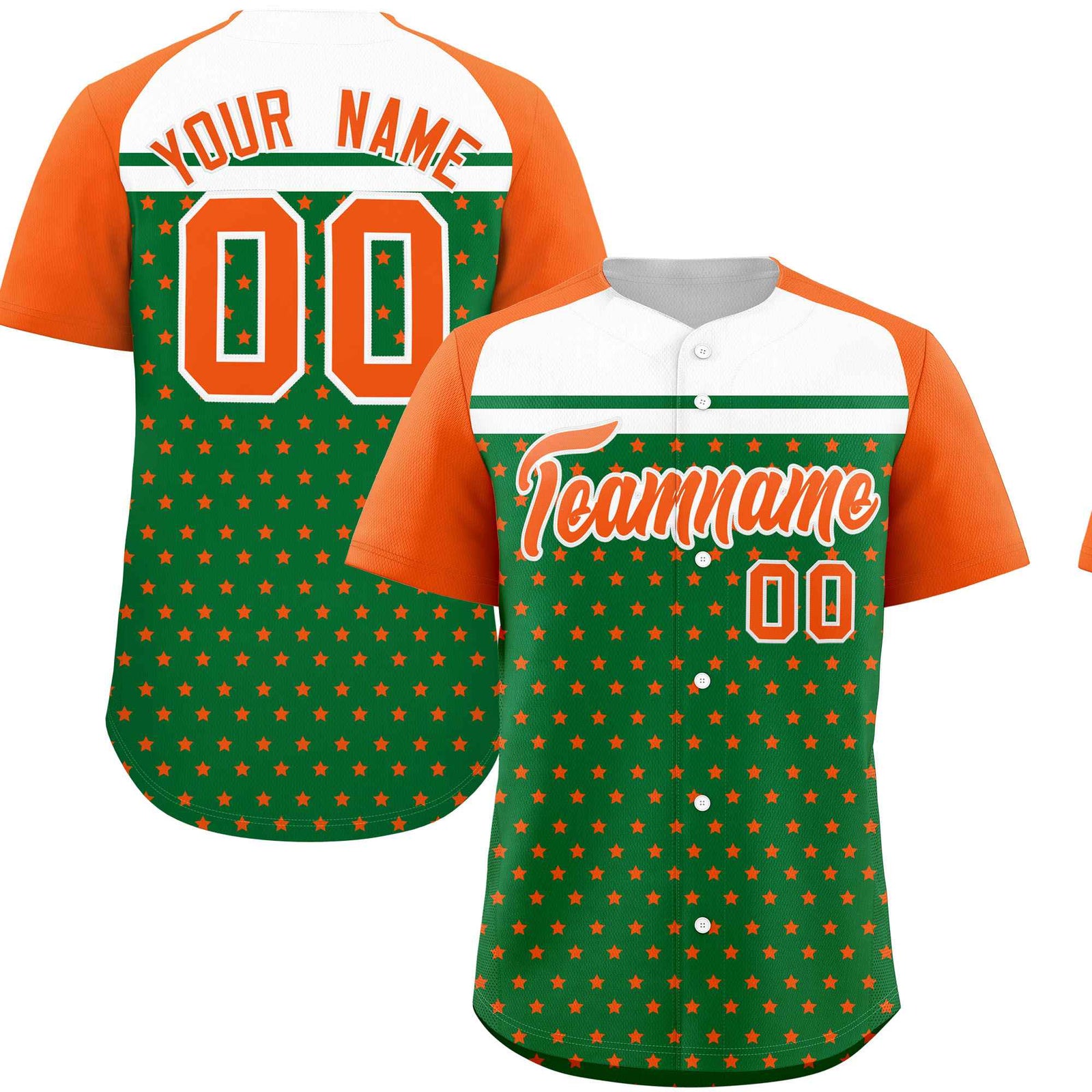 Custom Kelly Green Orange-White Raglan Sleeve Personalized Star Print Authentic Baseball Jersey