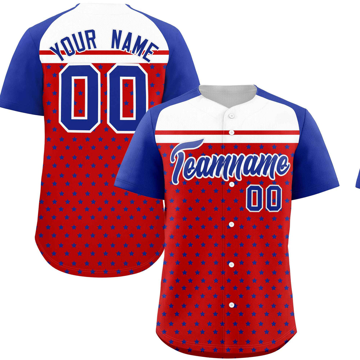 Custom Red Royal-White Raglan Sleeve Personalized Star Print Authentic Baseball Jersey