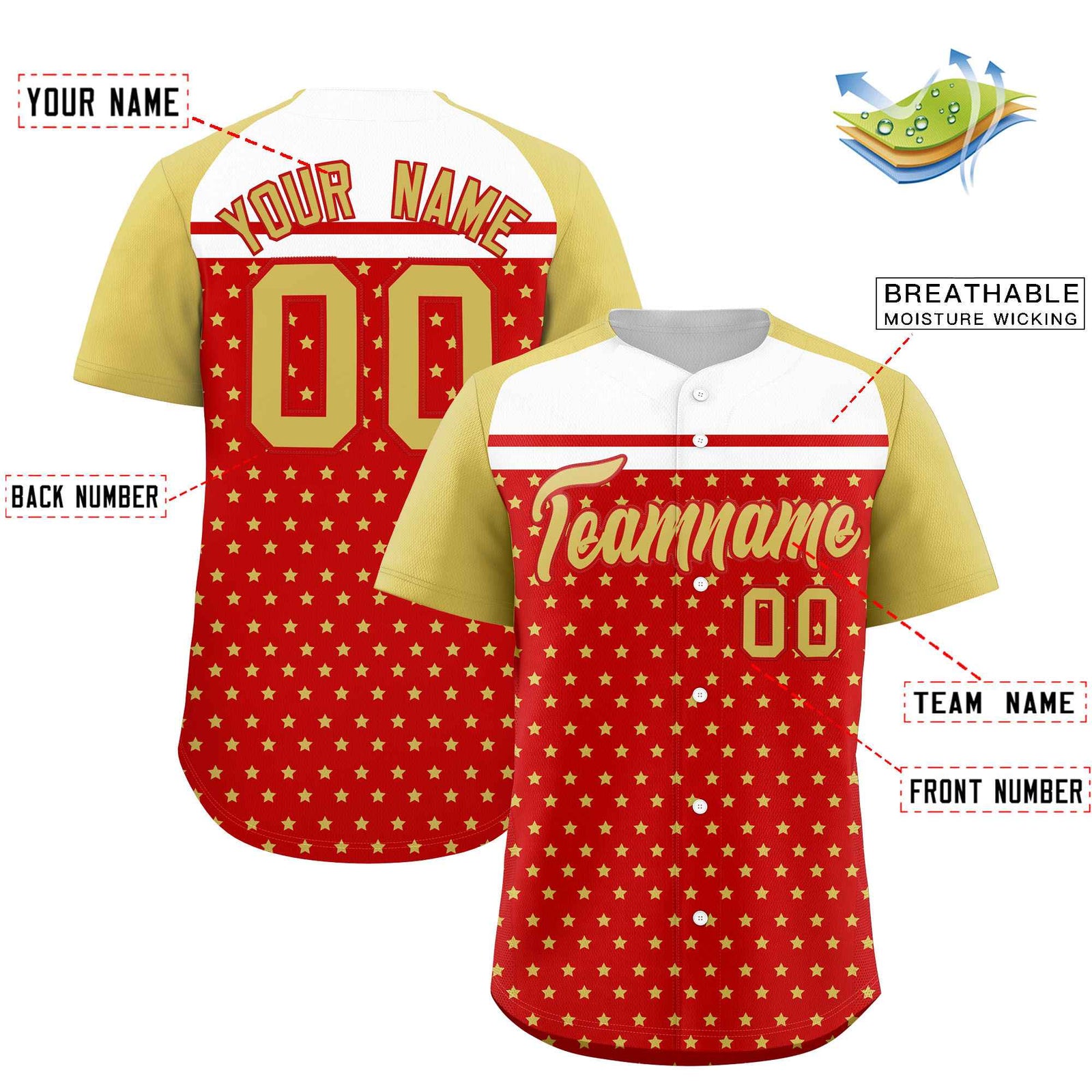 Custom Red Old Gold-White Raglan Sleeve Personalized Star Print Authentic Baseball Jersey
