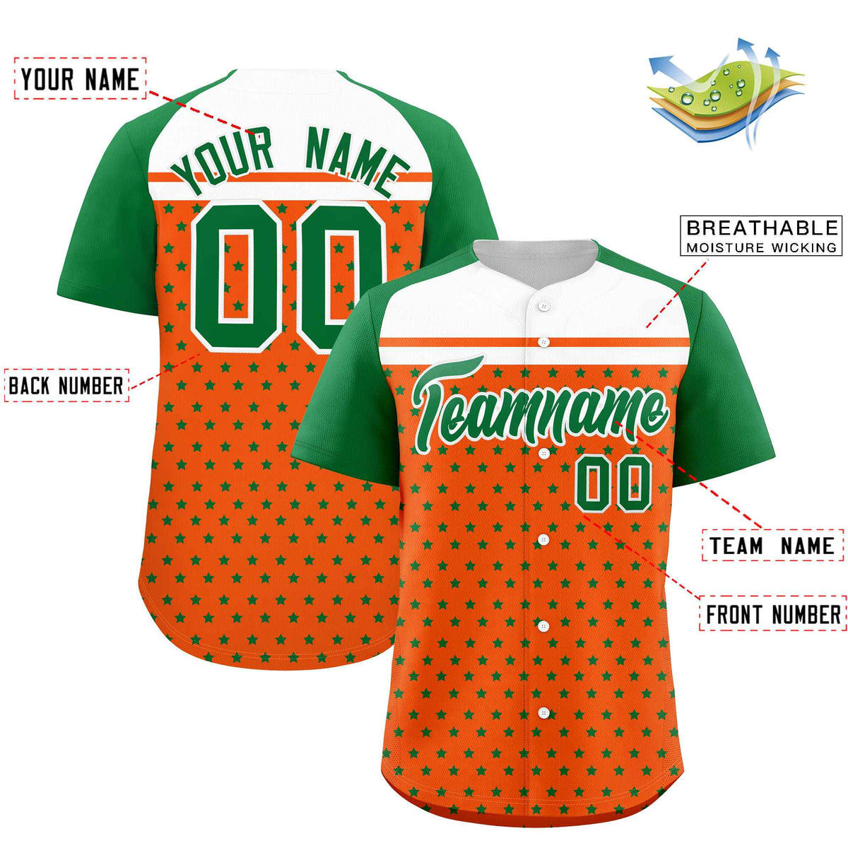Custom Orange Kelly Green-White Raglan Sleeve Personalized Star Print Authentic Baseball Jersey