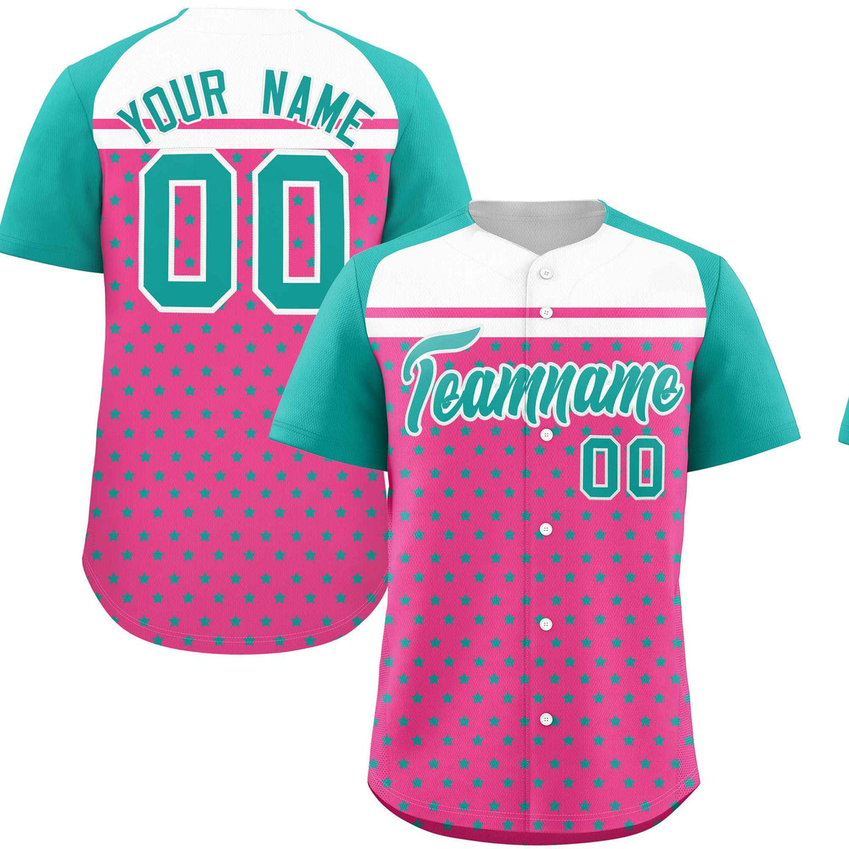 Custom Pink Aqua-White Raglan Sleeve Personalized Star Print Authentic Baseball Jersey