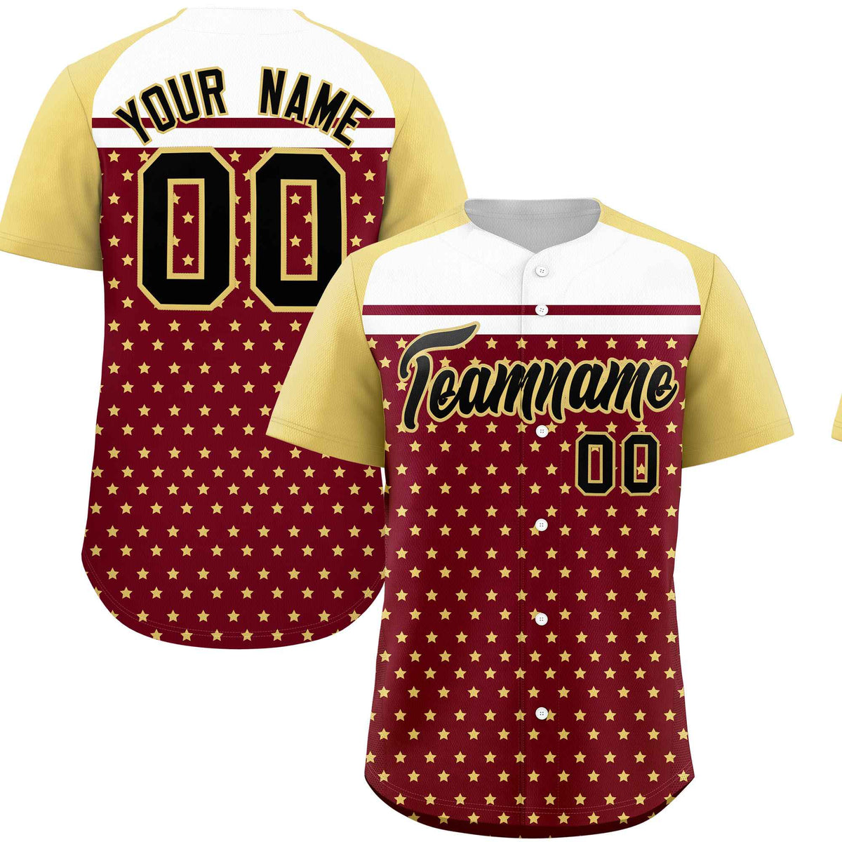 Custom Crimson Khaki-White Raglan Sleeve Personalized Star Print Authentic Baseball Jersey
