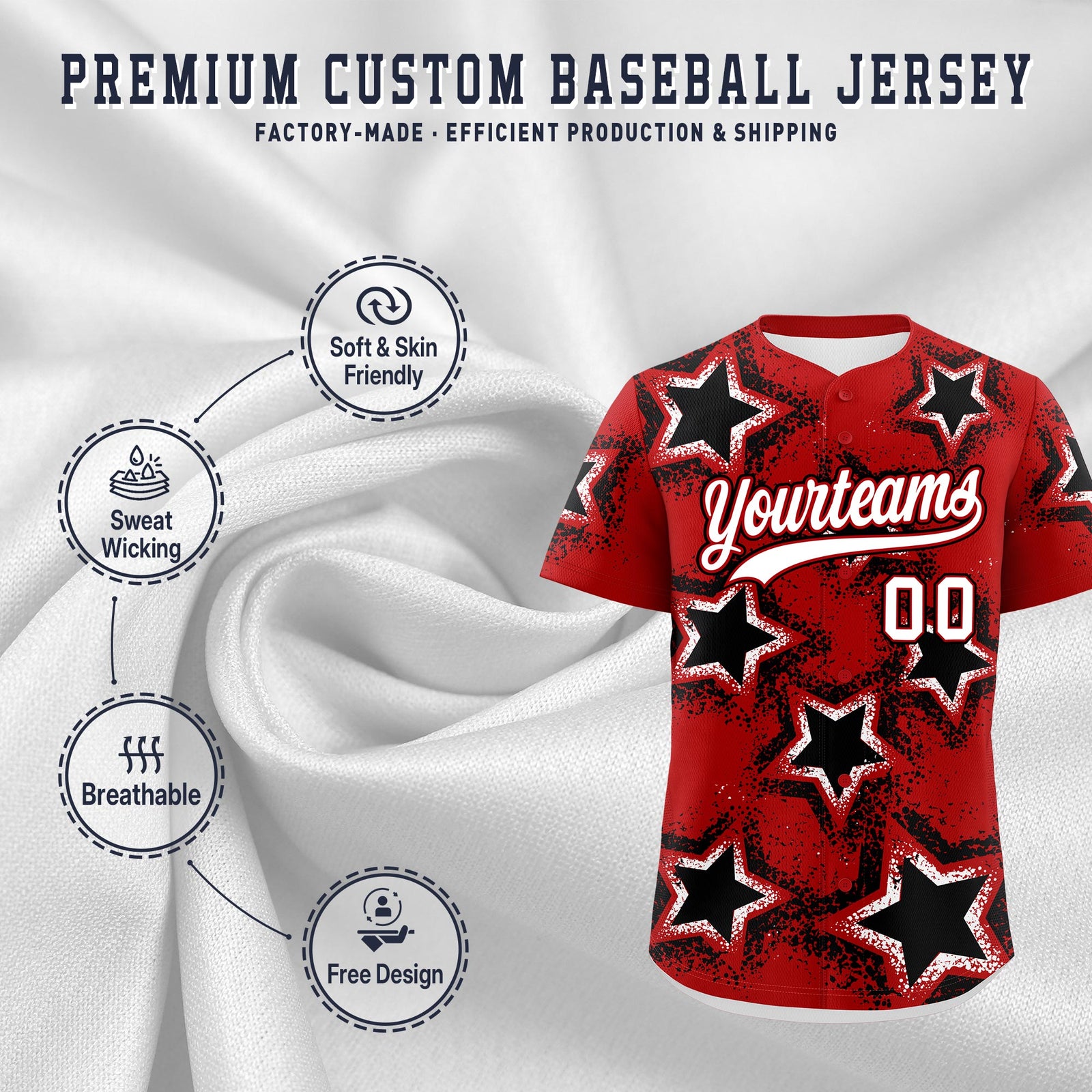 Custom Red Black White Star Graffiti Team Baseball Jerseys With Custom Names, Numbers & Logos Lightweight Baseball Jersey| KXKSHOP
