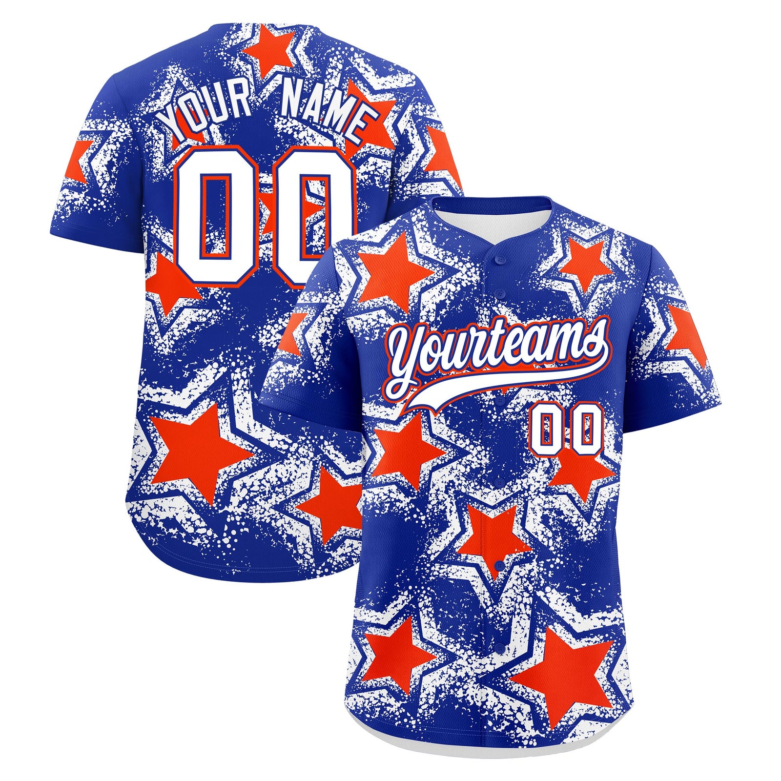 Custom Royal Blue Orange White Star Graffiti Team Baseball Jerseys With Custom Names, Numbers & Logos Stretch Fabric Baseball Jersey| KXKSHOP