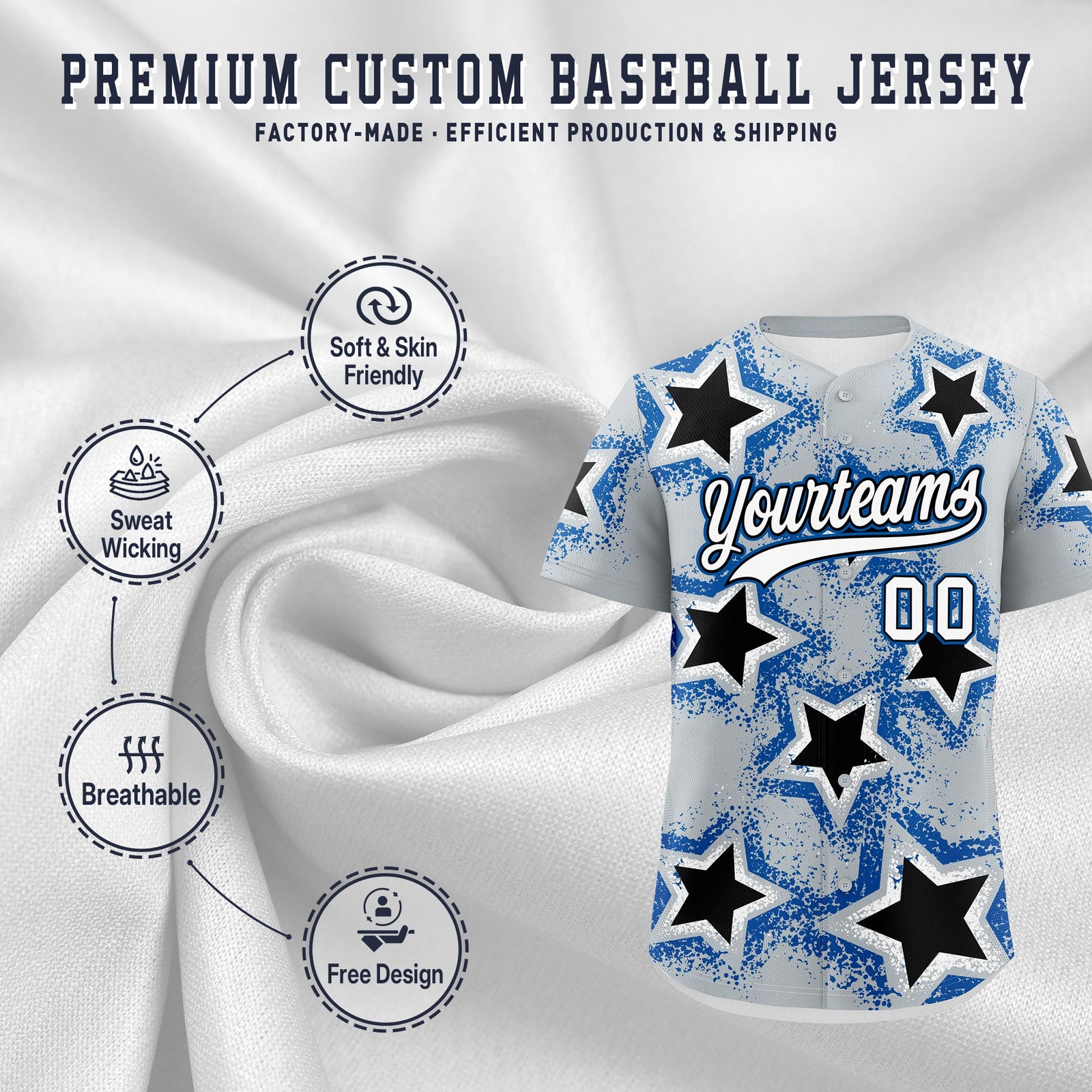 Custom Silver Black Royal Star Graffiti Team Baseball Jerseys With Custom Names, Numbers & Logos Lightweight Baseball Jersey| KXKSHOP