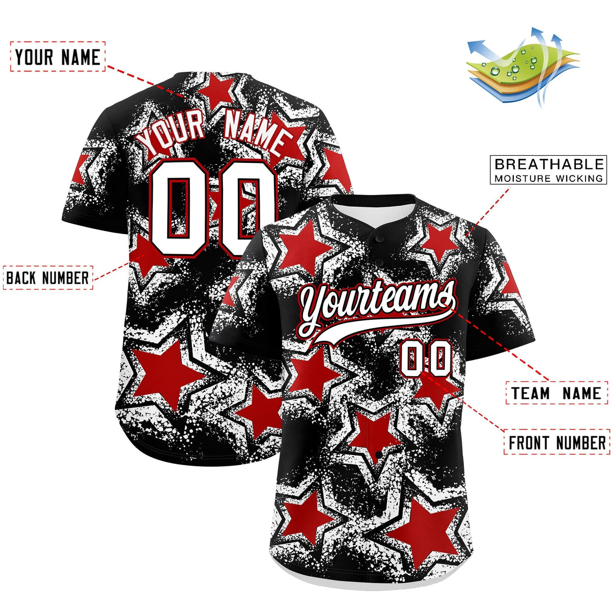 Custom Black White Red Star Graffiti Team Baseball Jerseys With Custom Names, Numbers & Logos Lightweight Baseball Jersey| KXKSHOP