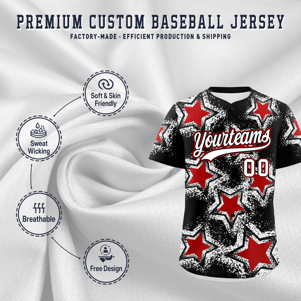 Custom Black White Red Star Graffiti Team Baseball Jerseys With Custom Names, Numbers & Logos Lightweight Baseball Jersey| KXKSHOP