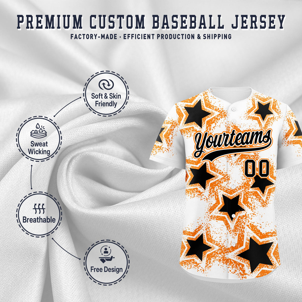 Custom White Orange Black Star Graffiti Team Baseball Jerseys With Custom Names, Numbers & Logos Lightweight Baseball Jersey| KXKSHOP