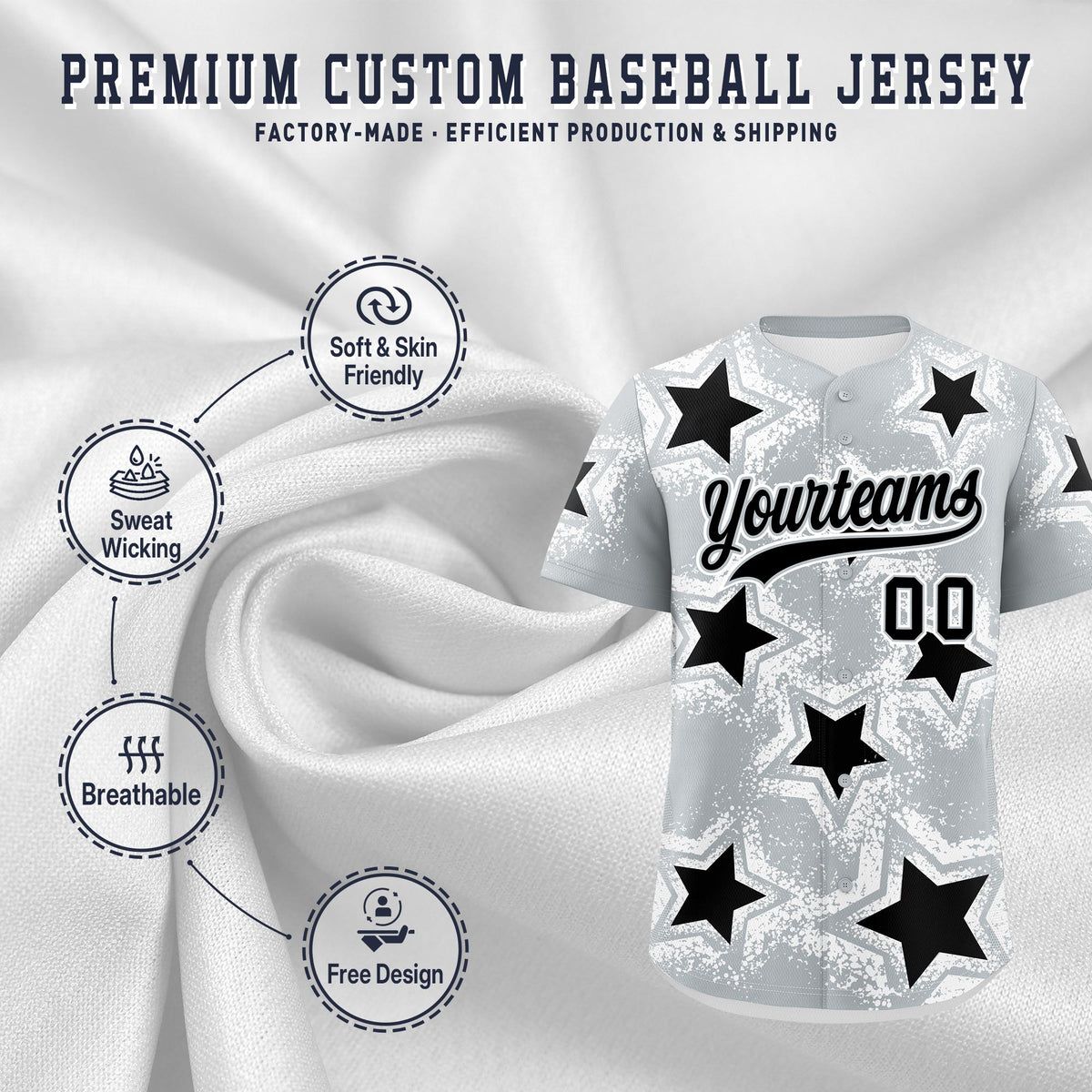 Custom Silver Black White Star Graffiti Team Baseball Jerseys With Custom Names, Numbers & Logos Stretch Fabric Baseball Jersey| KXKSHOP