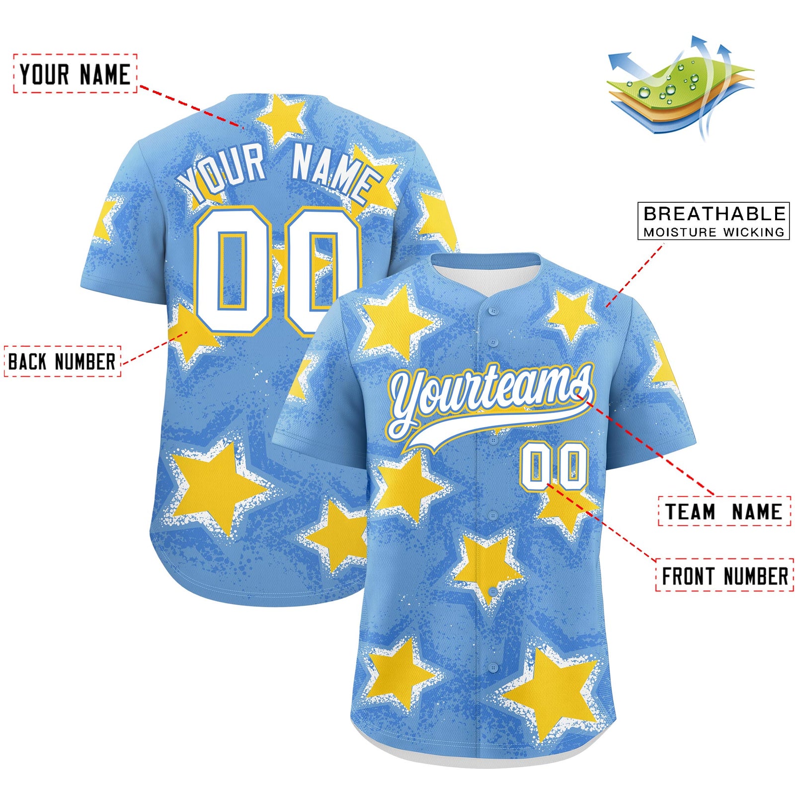 Custom Light Blue Gold White Star Graffiti Team Baseball Jerseys With Custom Names, Numbers & Logos Stretch Fabric Baseball Jersey| KXKSHOP