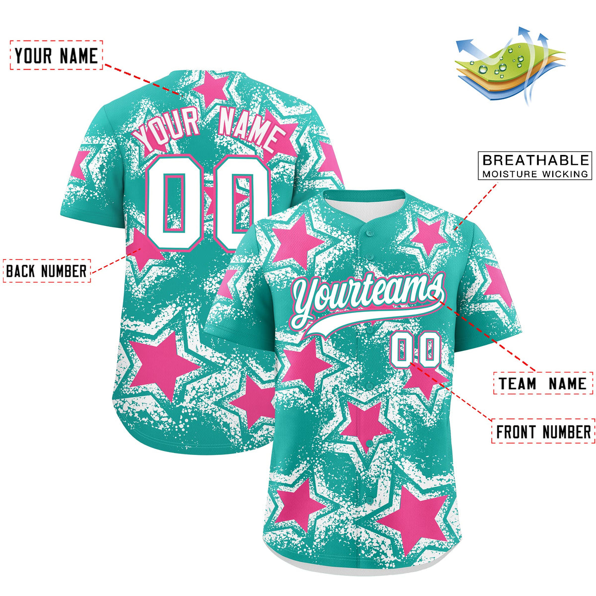 Custom Aqua White Pink Star Graffiti Team Baseball Jerseys With Custom Names, Numbers & Logos Stretch Fabric Baseball Jersey| KXKSHOP