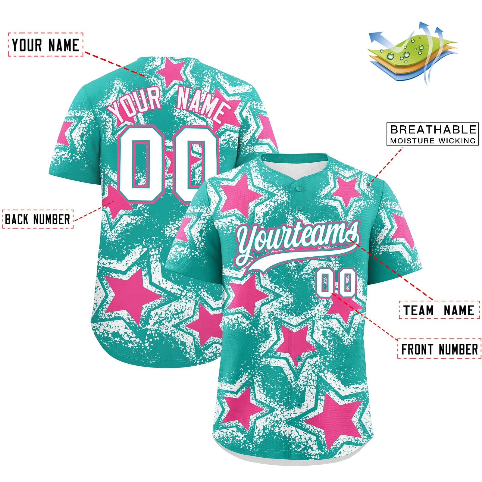 Custom Aqua White Pink Star Graffiti Team Baseball Jerseys With Custom Names, Numbers & Logos Stretch Fabric Baseball Jersey| KXKSHOP