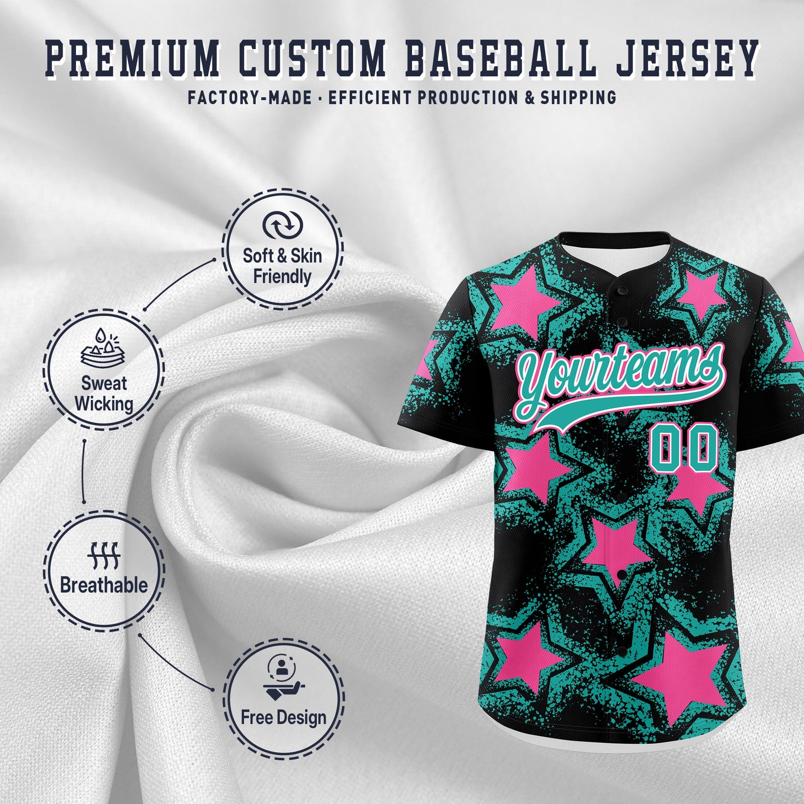 Custom Black Aqua Pink Star Graffiti Team Baseball Jerseys With Custom Names, Numbers & Logos Lightweight Baseball Jersey| KXKSHOP