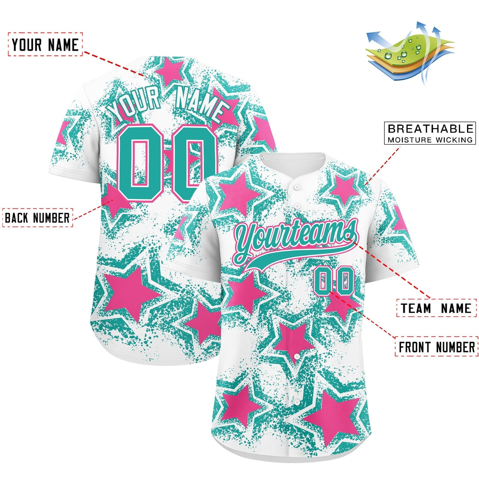 Custom White Aqua Pink Star Graffiti Team Baseball Jerseys With Custom Names, Numbers & Logos Stretch Fabric Baseball Jersey| KXKSHOP