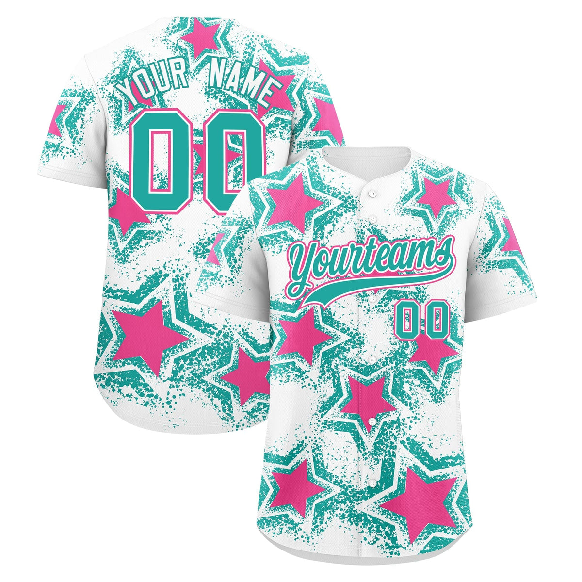 Custom White Aqua Pink Star Graffiti Team Baseball Jerseys With Custom Names, Numbers & Logos Stretch Fabric Baseball Jersey| KXKSHOP