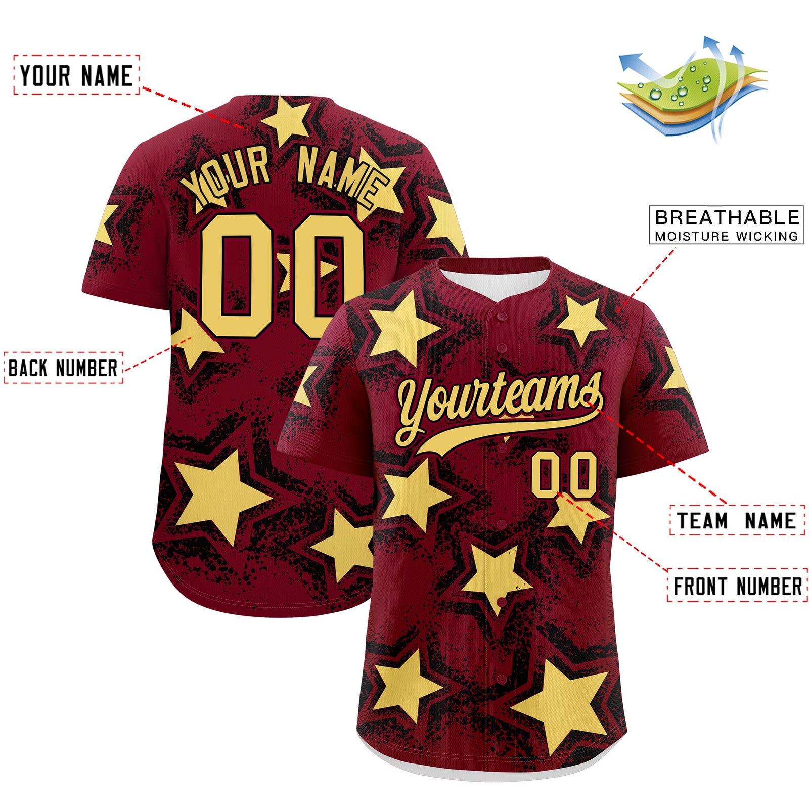 Custom Crimson Khaki Black Star Graffiti Team Baseball Jerseys With Custom Names, Numbers & Logos Stretch Fabric Baseball Jersey| KXKSHOP