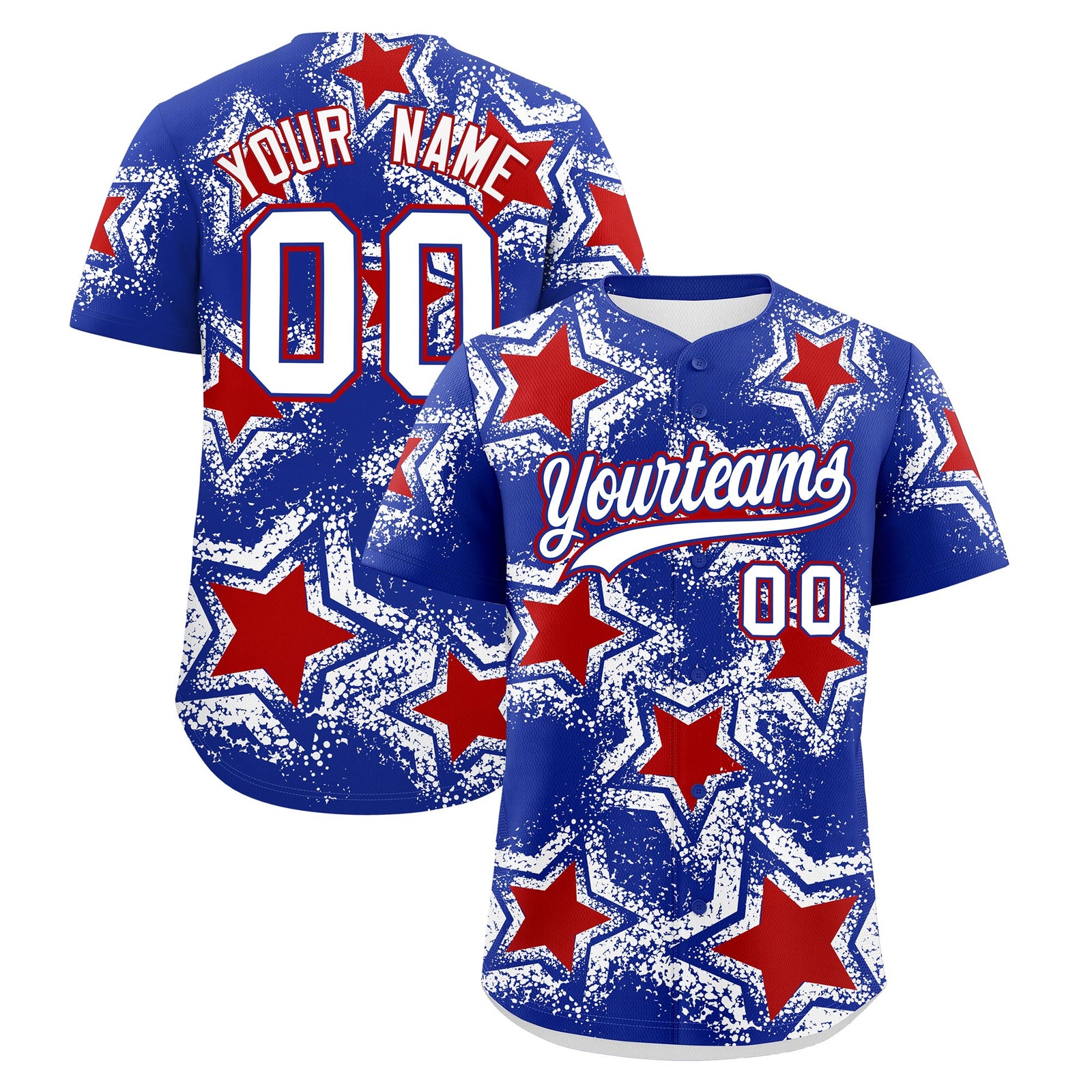 Custom Royal Blue White Red Star Graffiti Team Baseball Jerseys With Custom Names, Numbers & Logos Stretch Fabric Baseball Jersey| KXKSHOP