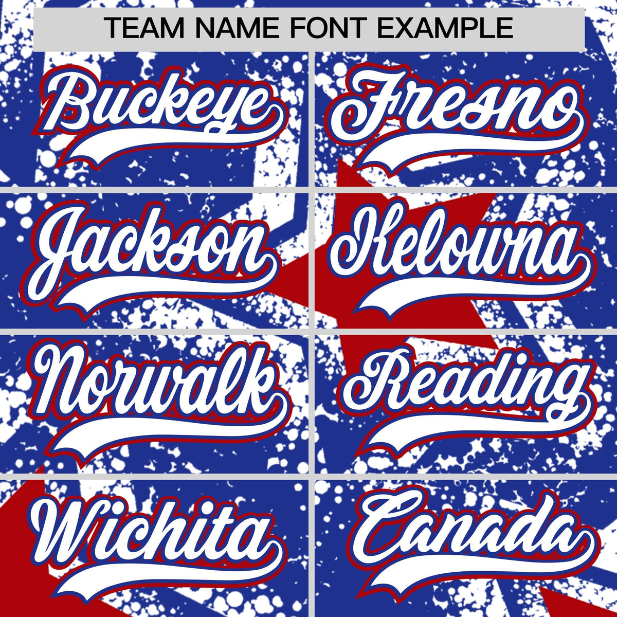 Custom Royal Blue White Red Star Graffiti Team Baseball Jerseys With Custom Names, Numbers & Logos Stretch Fabric Baseball Jersey| KXKSHOP
