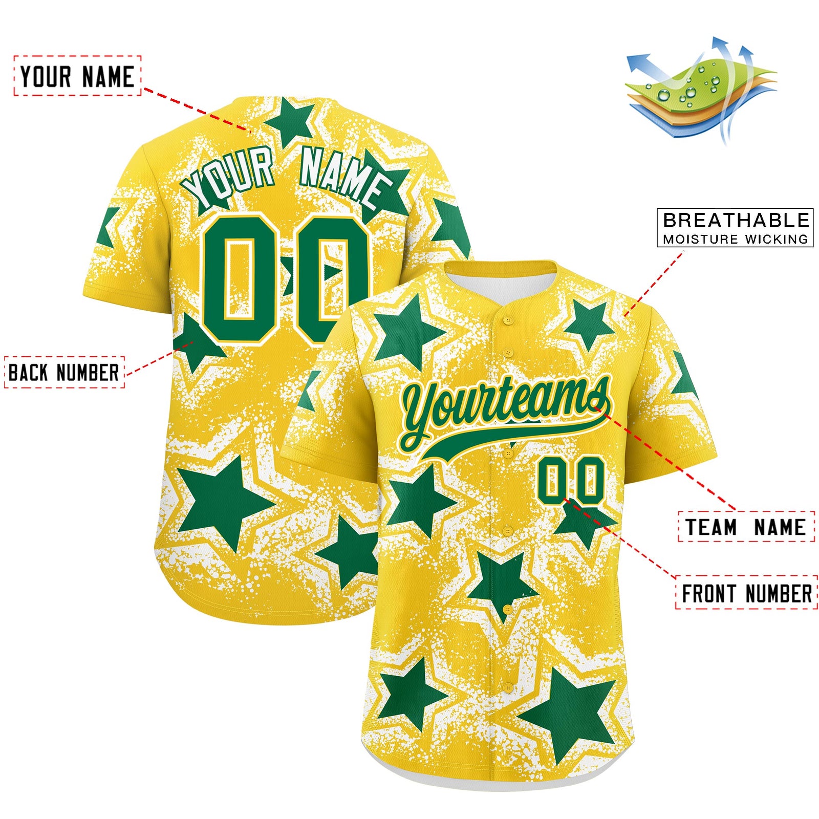 Custom Gold White Kelly Green Star Graffiti Team Baseball Jerseys With Custom Names, Numbers & Logos Lightweight Baseball Jersey| KXKSHOP