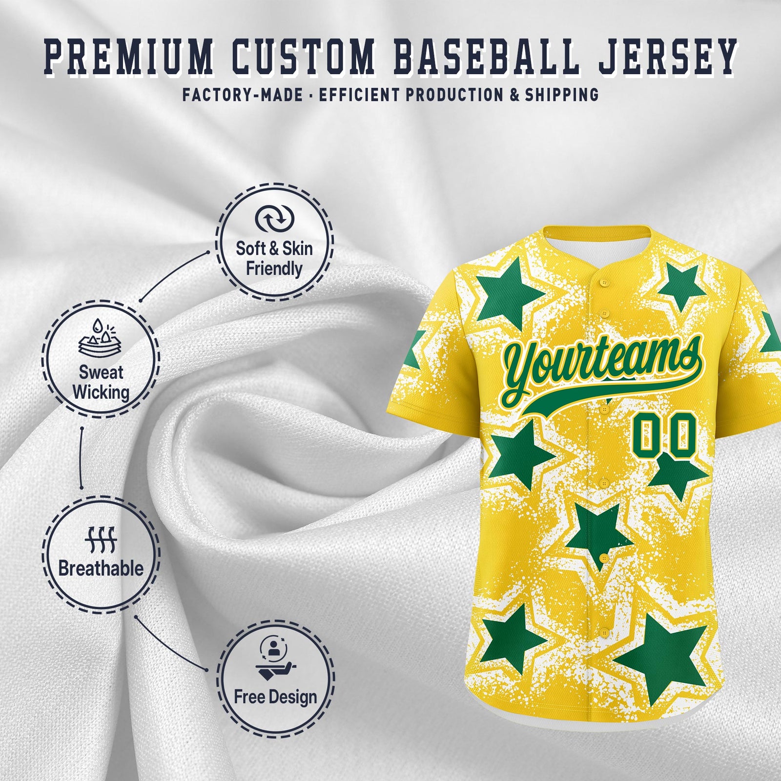 Custom Gold White Kelly Green Star Graffiti Team Baseball Jerseys With Custom Names, Numbers & Logos Lightweight Baseball Jersey| KXKSHOP