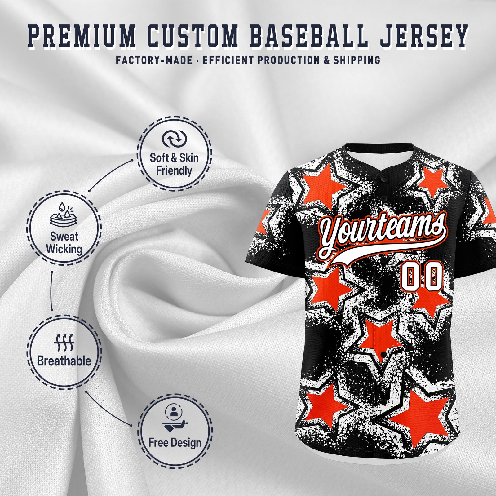 Custom Black White Orange Star Graffiti Team Baseball Jerseys With Custom Names, Numbers & Logos Lightweight Baseball Jersey| KXKSHOP