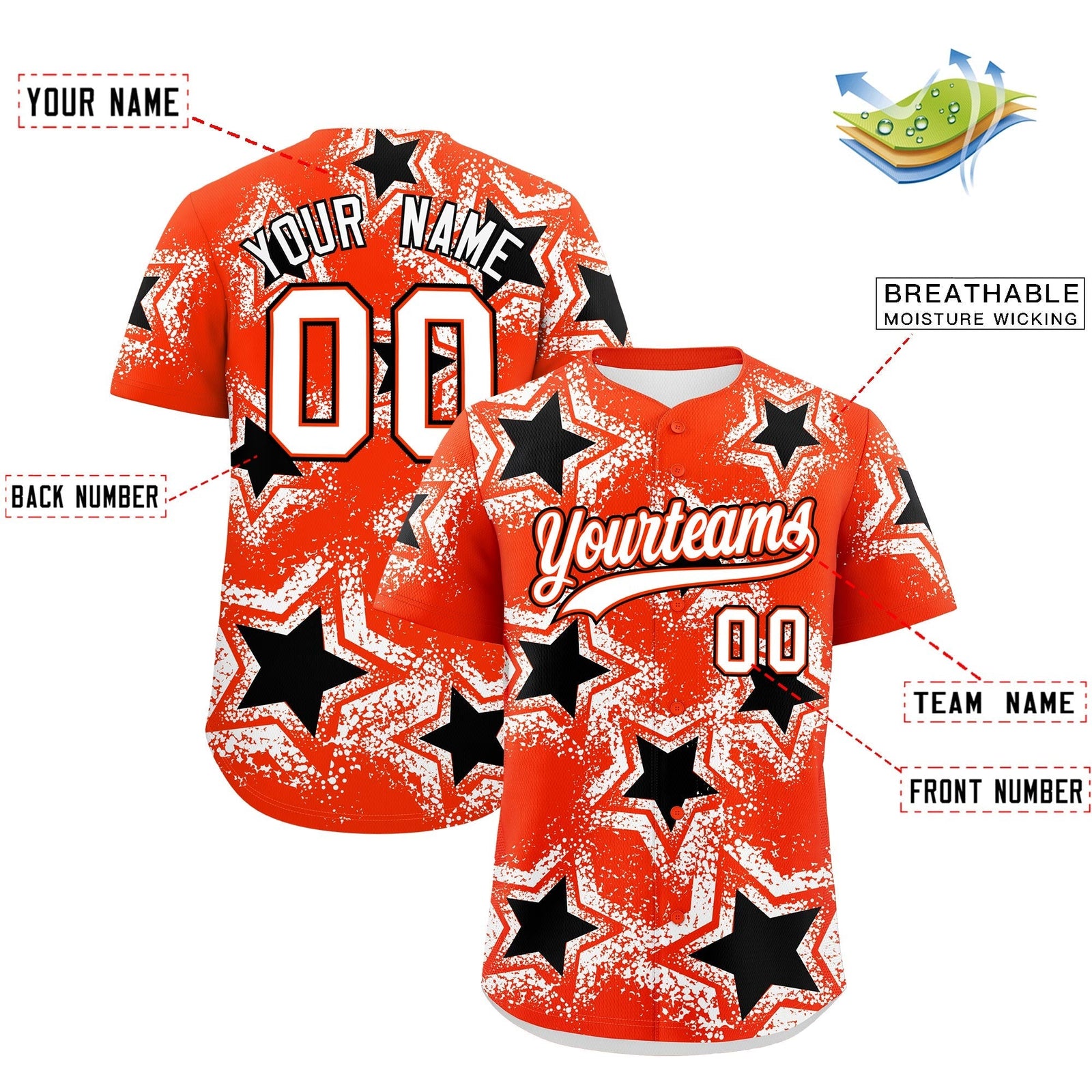 Custom Orange White Black Star Graffiti Team Baseball Jerseys With Custom Names, Numbers & Logos Stretch Fabric Baseball Jersey| KXKSHOP