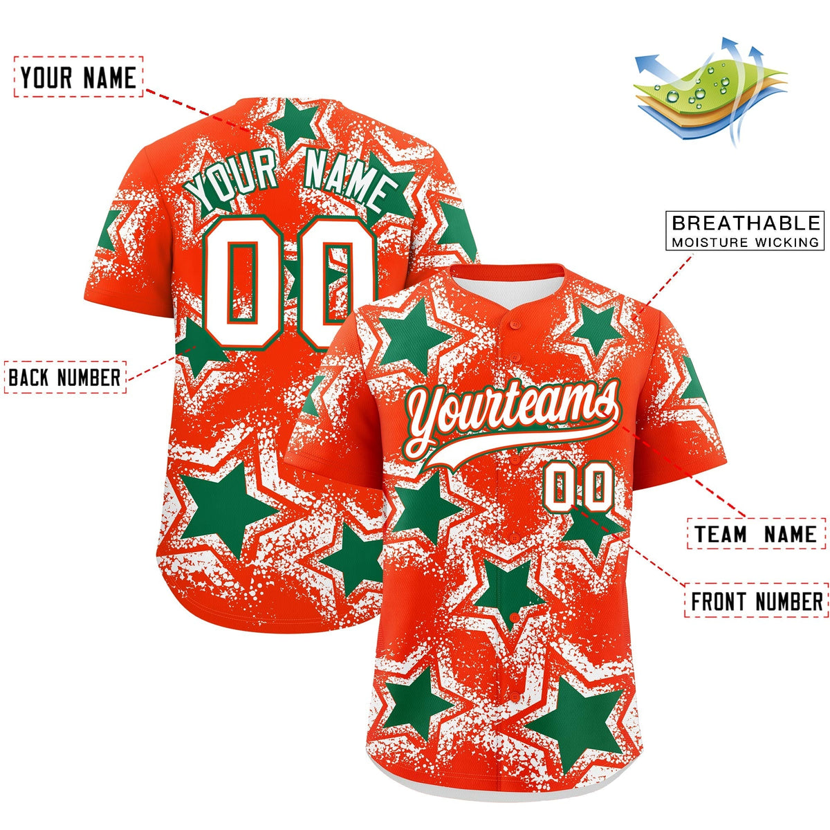 Custom Orange White Kelly Green Star Graffiti Team Baseball Jerseys With Custom Names, Numbers & Logos Lightweight Baseball Jersey| KXKSHOP