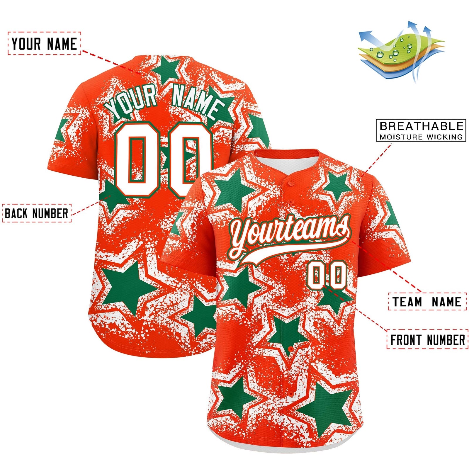 Custom Orange White Kelly Green Star Graffiti Team Baseball Jerseys With Custom Names, Numbers & Logos Lightweight Baseball Jersey| KXKSHOP