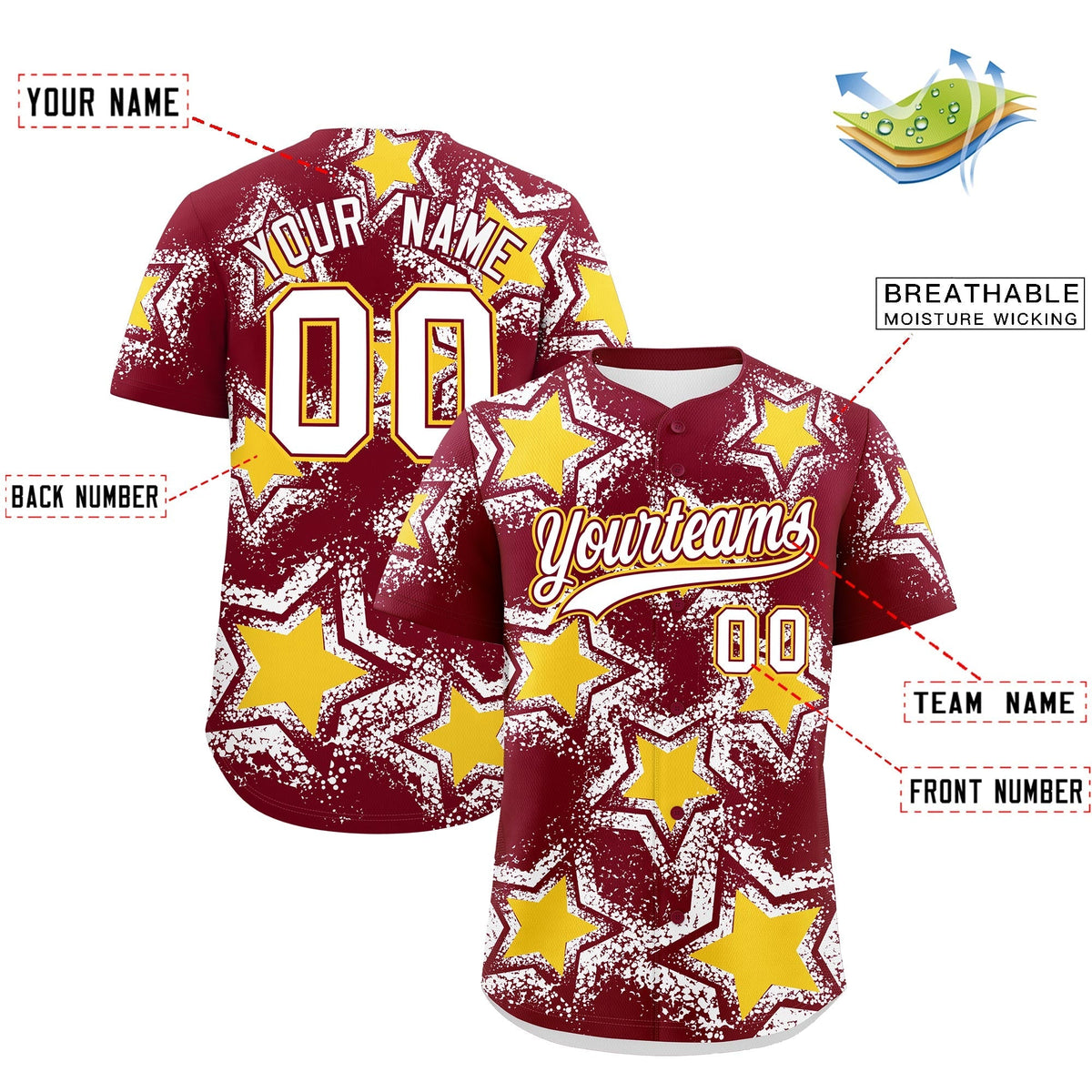 Custom Crimson White Gold Star Graffiti Team Baseball Jerseys With Custom Names, Numbers & Logos Stretch Fabric Baseball Jersey| KXKSHOP