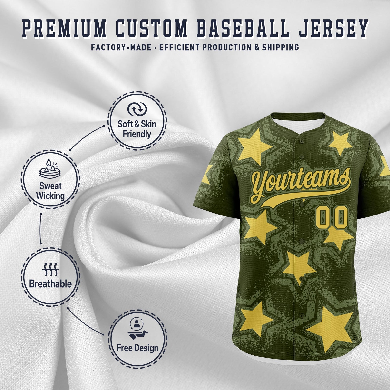 Custom Olive Khaki Star Graffiti Team Baseball Jerseys With Custom Names, Numbers & Logos Stretch Fabric Baseball Jersey| KXKSHOP