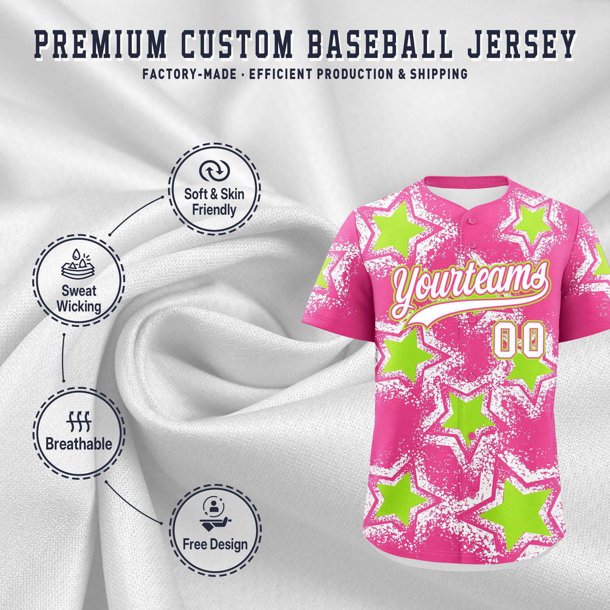 Custom Pink White Neon Green Star Graffiti Team Baseball Jerseys With Custom Names, Numbers & Logos Lightweight Baseball Jersey| KXKSHOP
