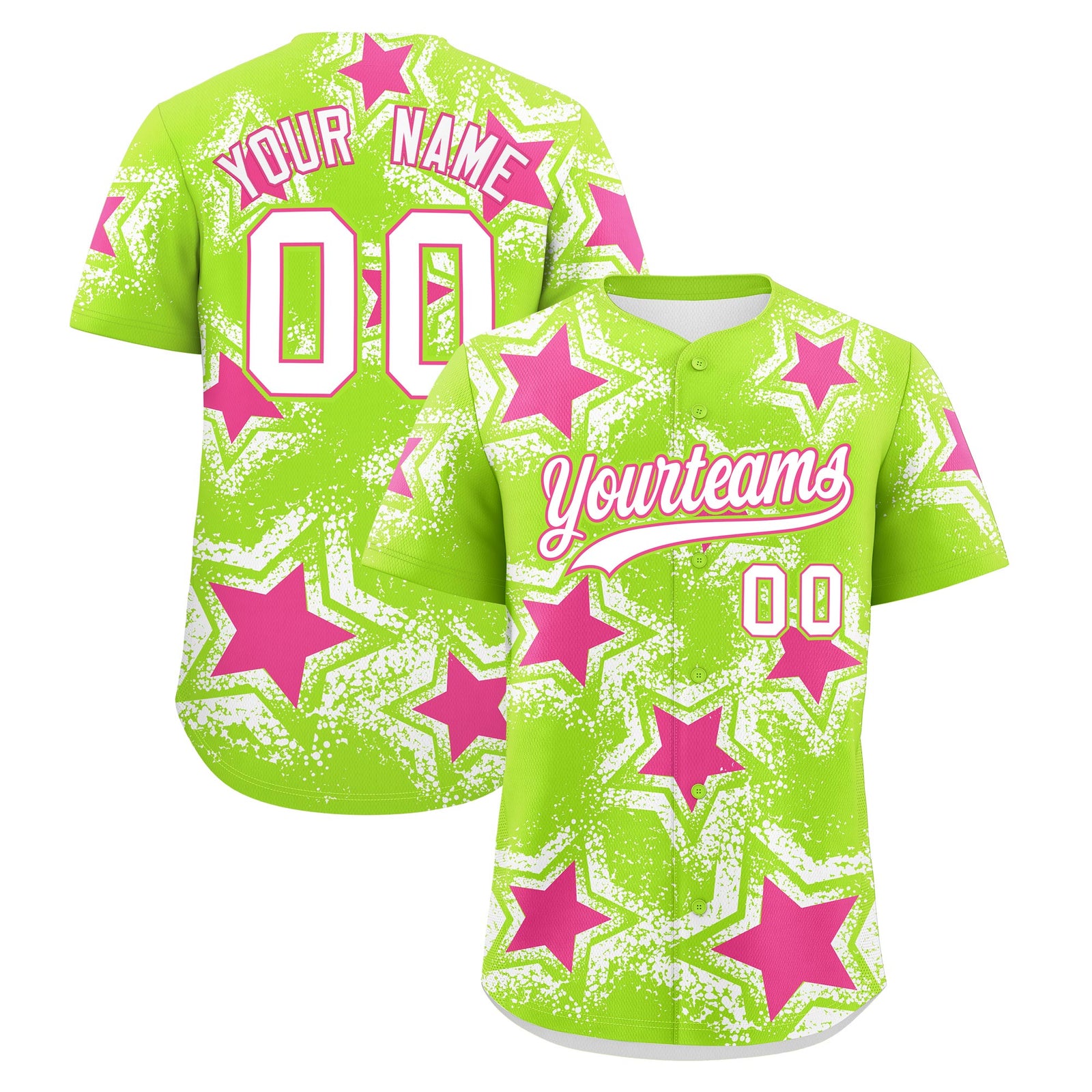 Custom Neon Green White Pink Star Graffiti Team Baseball Jerseys With Custom Names, Numbers & Logos Stretch Fabric Baseball Jersey| KXKSHOP