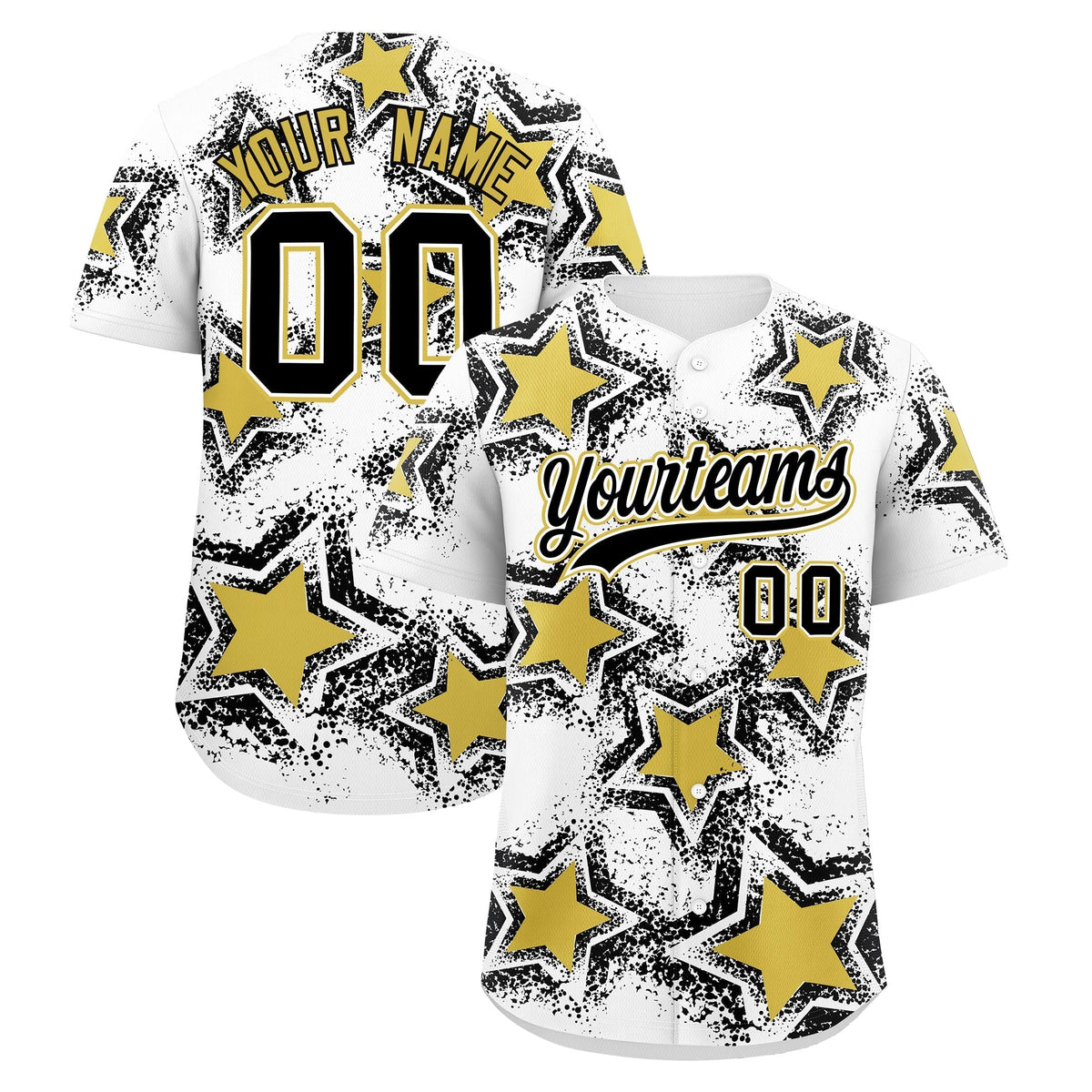 Custom White Black Old Gold Star Graffiti Team Baseball Jerseys With Custom Names, Numbers & Logos Stretch Fabric Baseball Jersey| KXKSHOP