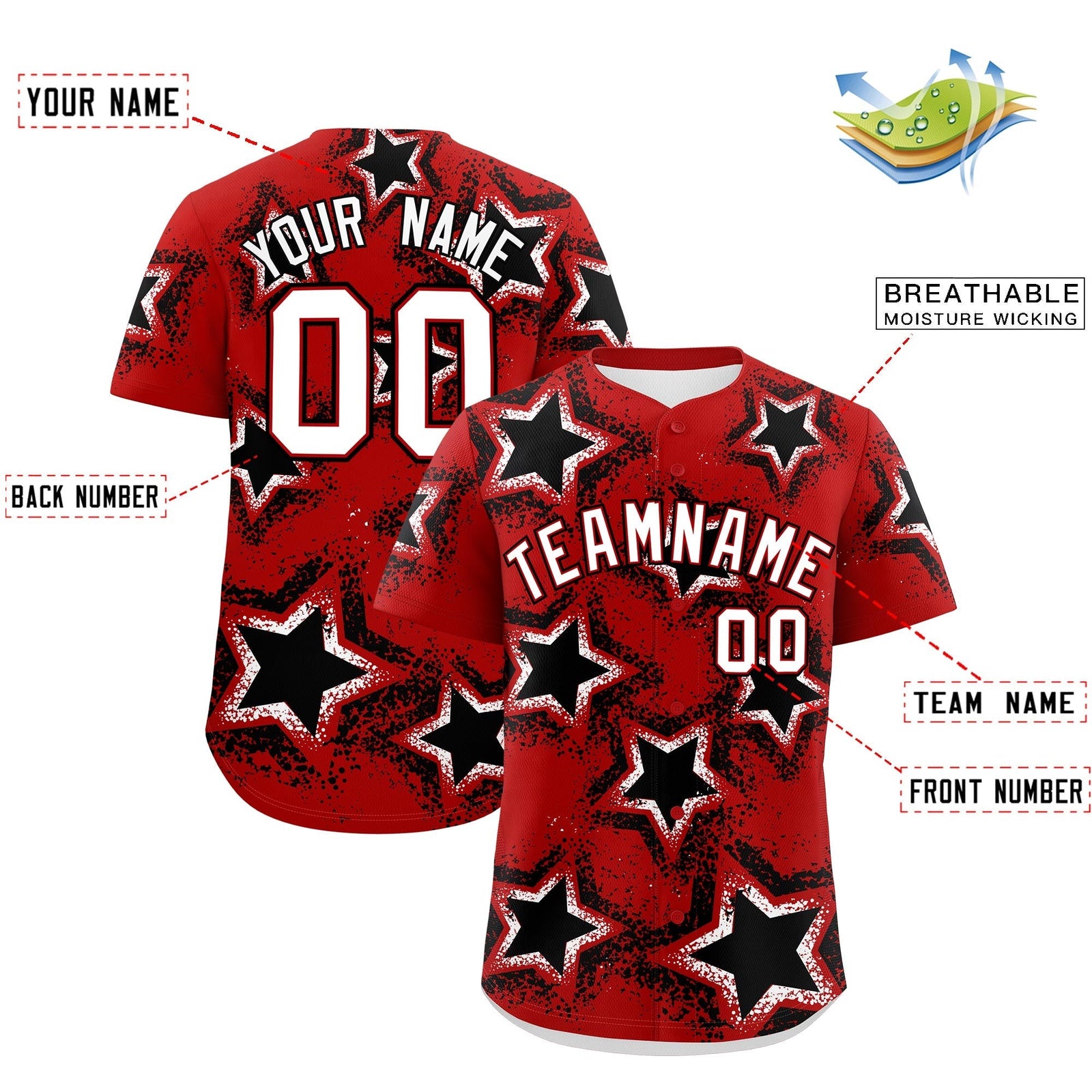 Custom Red Black White Star Graffiti Team Baseball Jerseys With Custom Names, Numbers & Logos Lightweight Baseball Jersey| KXKSHOP