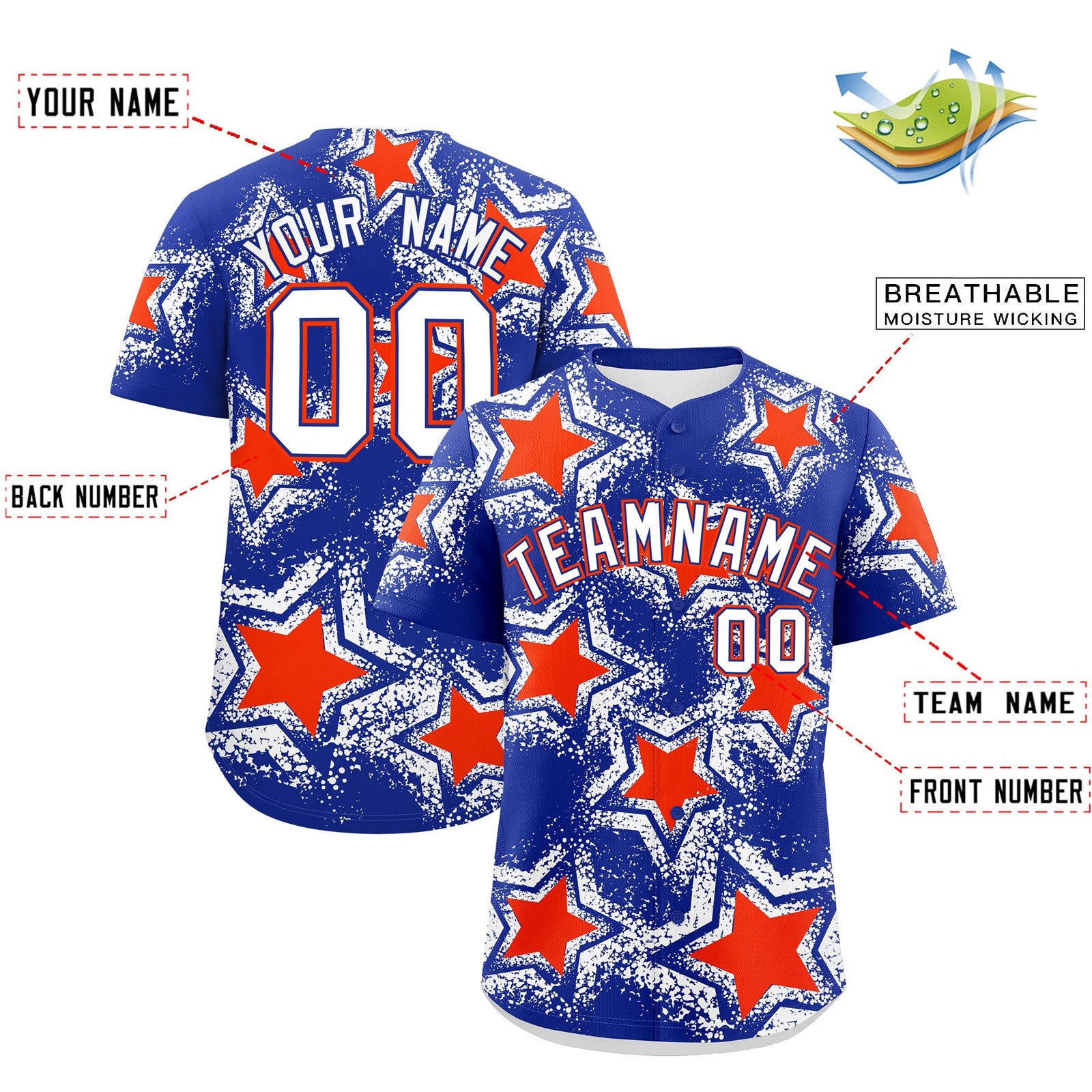 Custom Royal Blue Orange White Star Graffiti Team Baseball Jerseys With Custom Names, Numbers & Logos Stretch Fabric Baseball Jersey| KXKSHOP