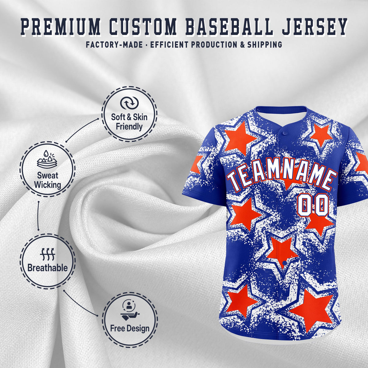 Custom Royal Blue Orange White Star Graffiti Team Baseball Jerseys With Custom Names, Numbers & Logos Stretch Fabric Baseball Jersey| KXKSHOP