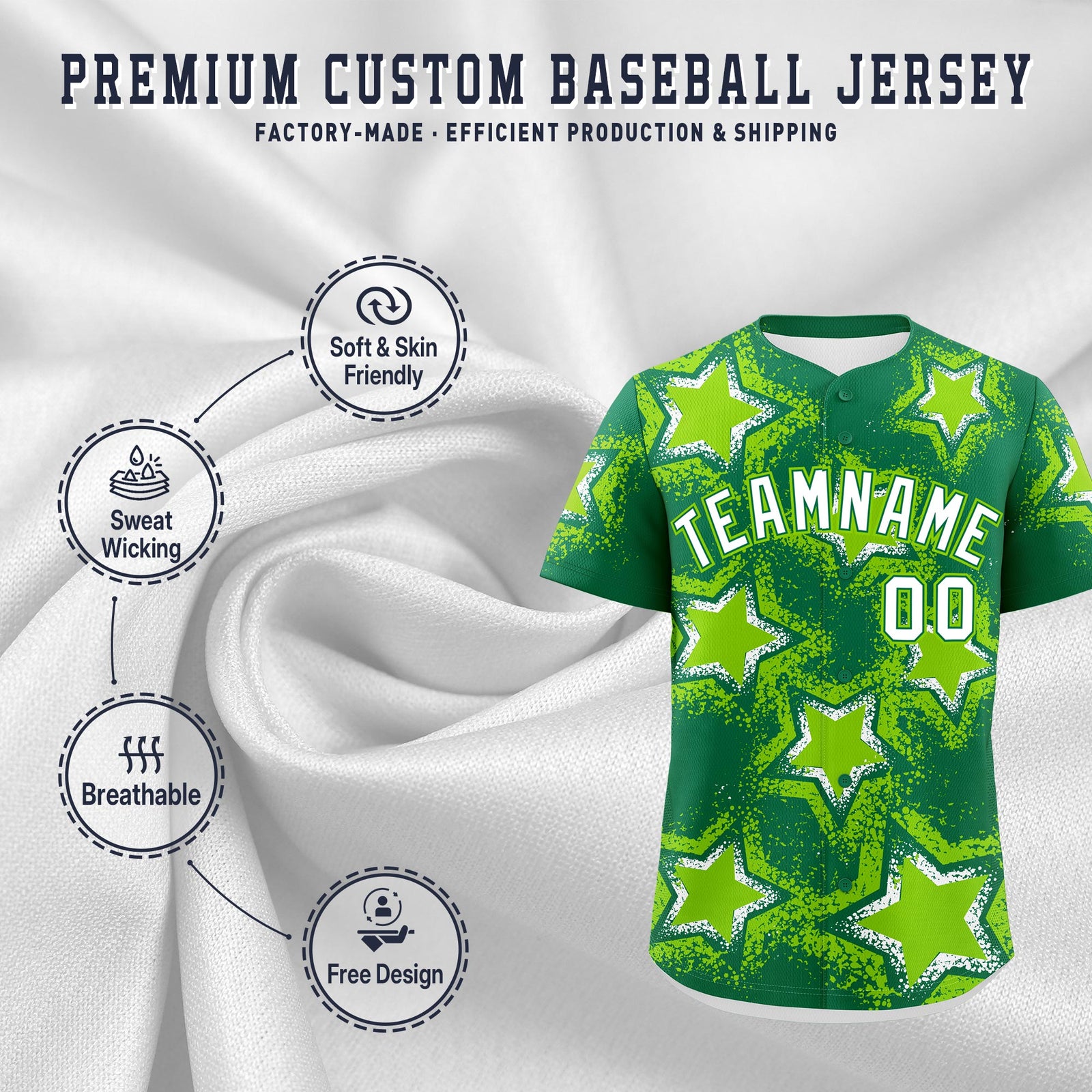 Custom Kelly Green Neon Green White Star Graffiti Team Baseball Jerseys With Custom Names, Numbers & Logos Stretch Fabric Baseball Jersey| KXKSHOP