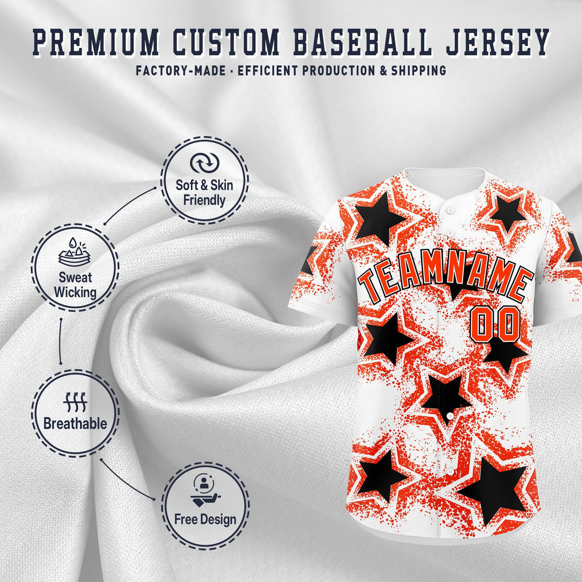 Custom White Black Orange Star Graffiti Team Baseball Jerseys With Custom Names, Numbers & Logos Lightweight Baseball Jersey| KXKSHOP