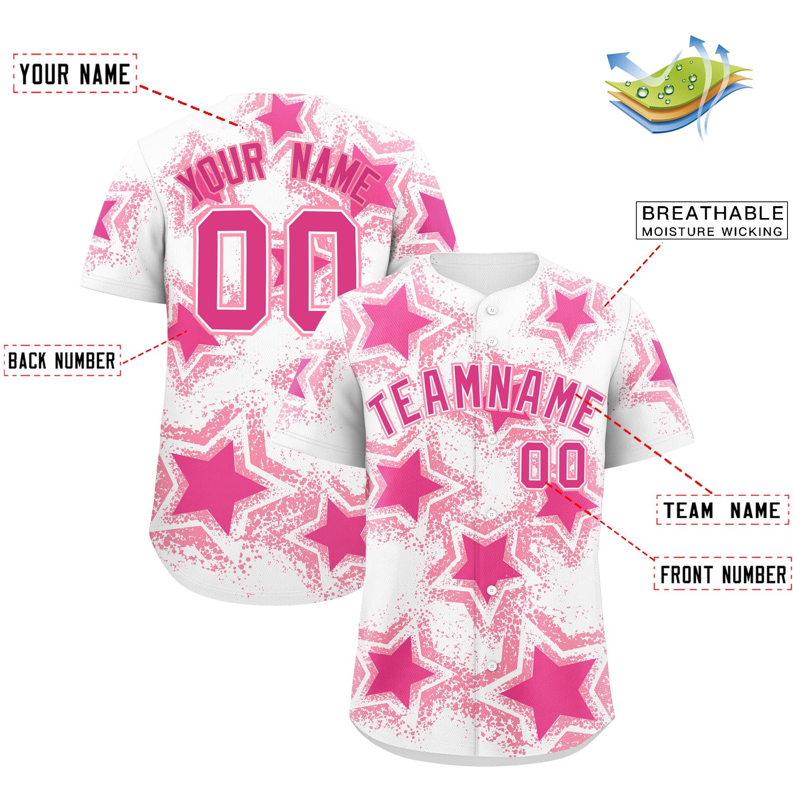 Custom White Pink Light Pink Star Graffiti Team Baseball Jerseys With Custom Names, Numbers & Logos Stretch Fabric Baseball Jersey| KXKSHOP