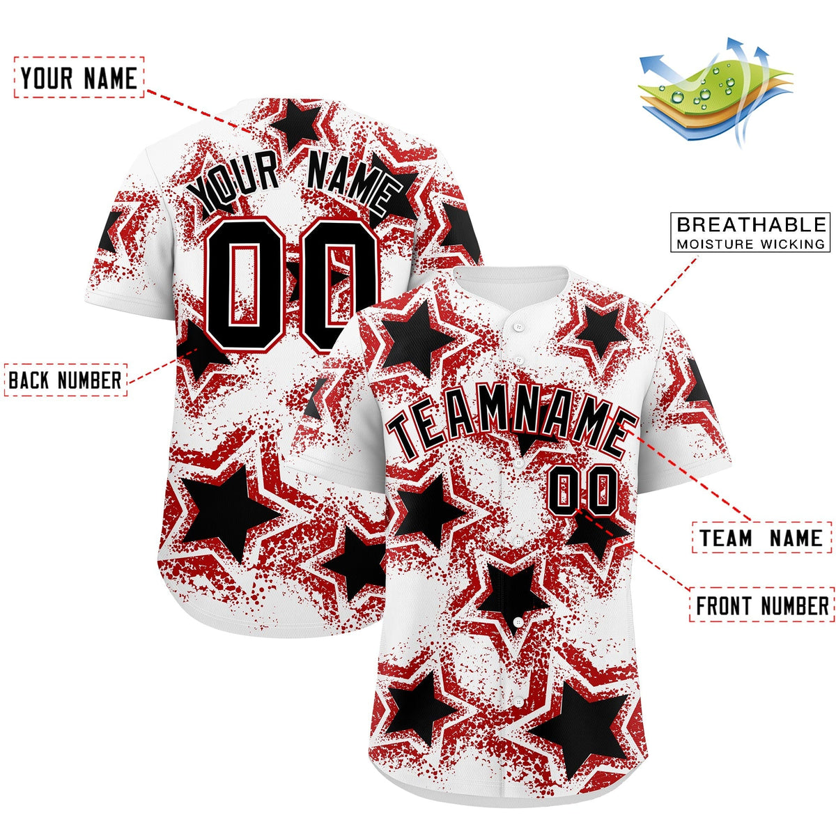 Custom White Black Red Star Graffiti Team Baseball Jerseys With Custom Names, Numbers & Logos Stretch Fabric Baseball Jersey| KXKSHOP