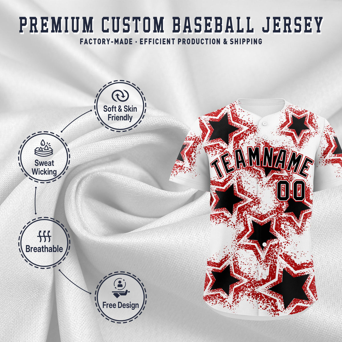 Custom White Black Red Star Graffiti Team Baseball Jerseys With Custom Names, Numbers & Logos Stretch Fabric Baseball Jersey| KXKSHOP